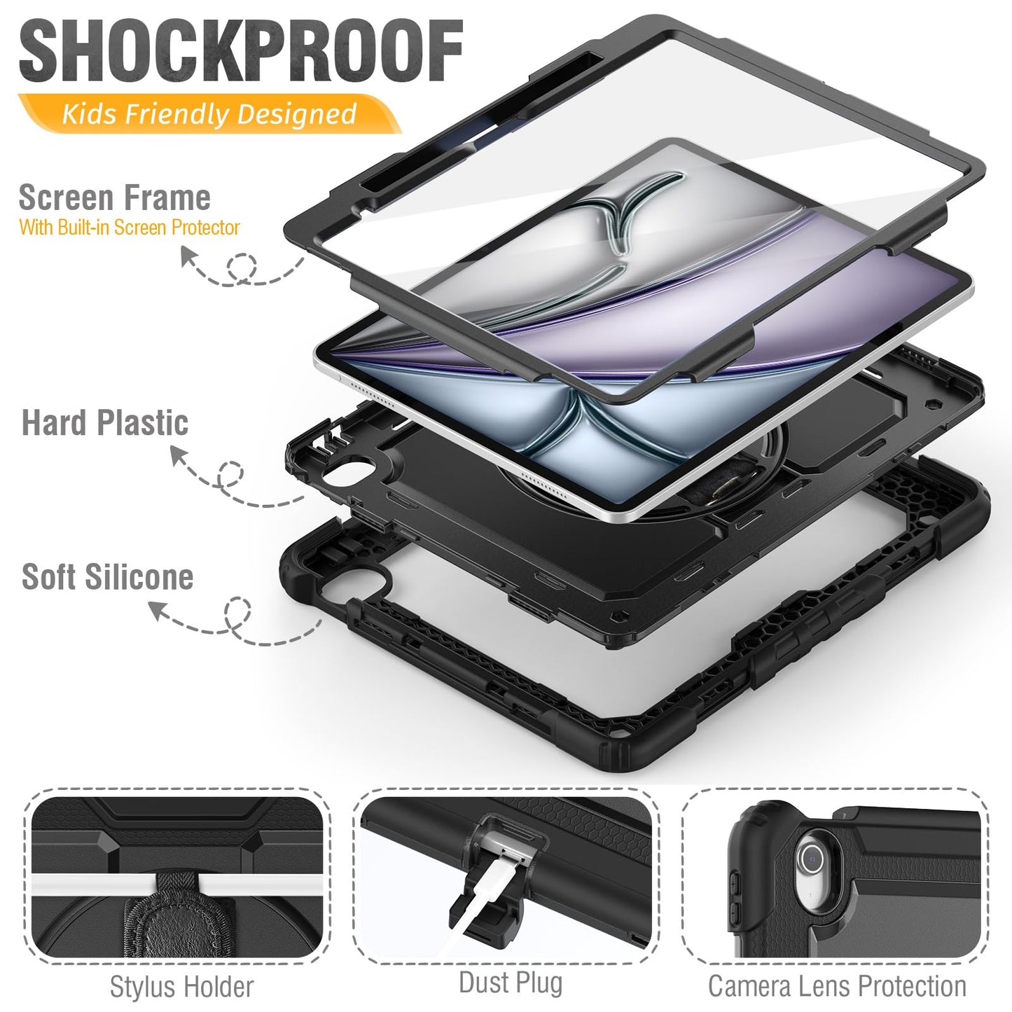 HXCASEAC Shockproof Case for iPad Air 13 inch 2025/2024, with Screen Protector/ 360° Rotating Hand Strap Stand/Carrying Strap, Heavy Duty Protective Cover for iPad Air 13 M3/M2, Black