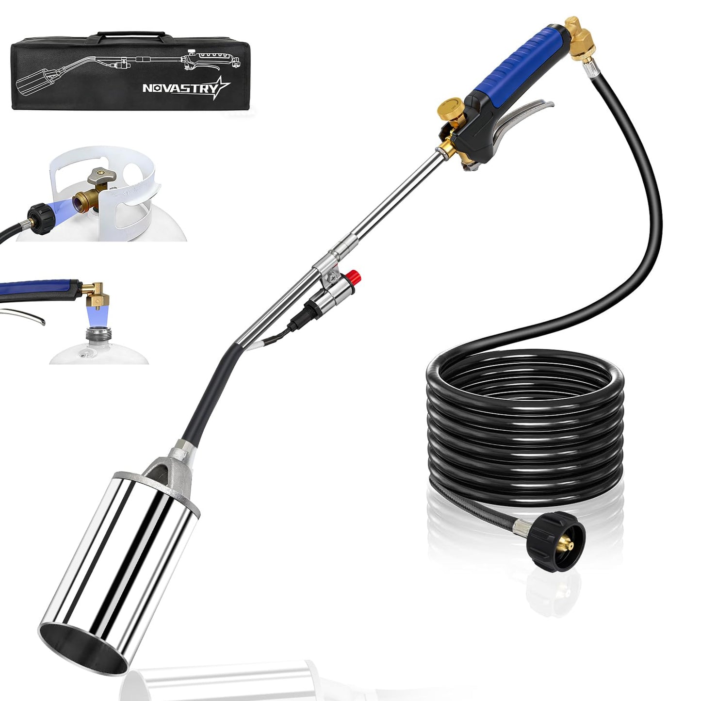 Propane Weed Control Torch Kit with 12.5 ft Hose, Outdoor Heat Tool with Push Ignition & Adjustable Output, Long or Short Setup for Yard, Snow Clearing, Driveway & Garden Work