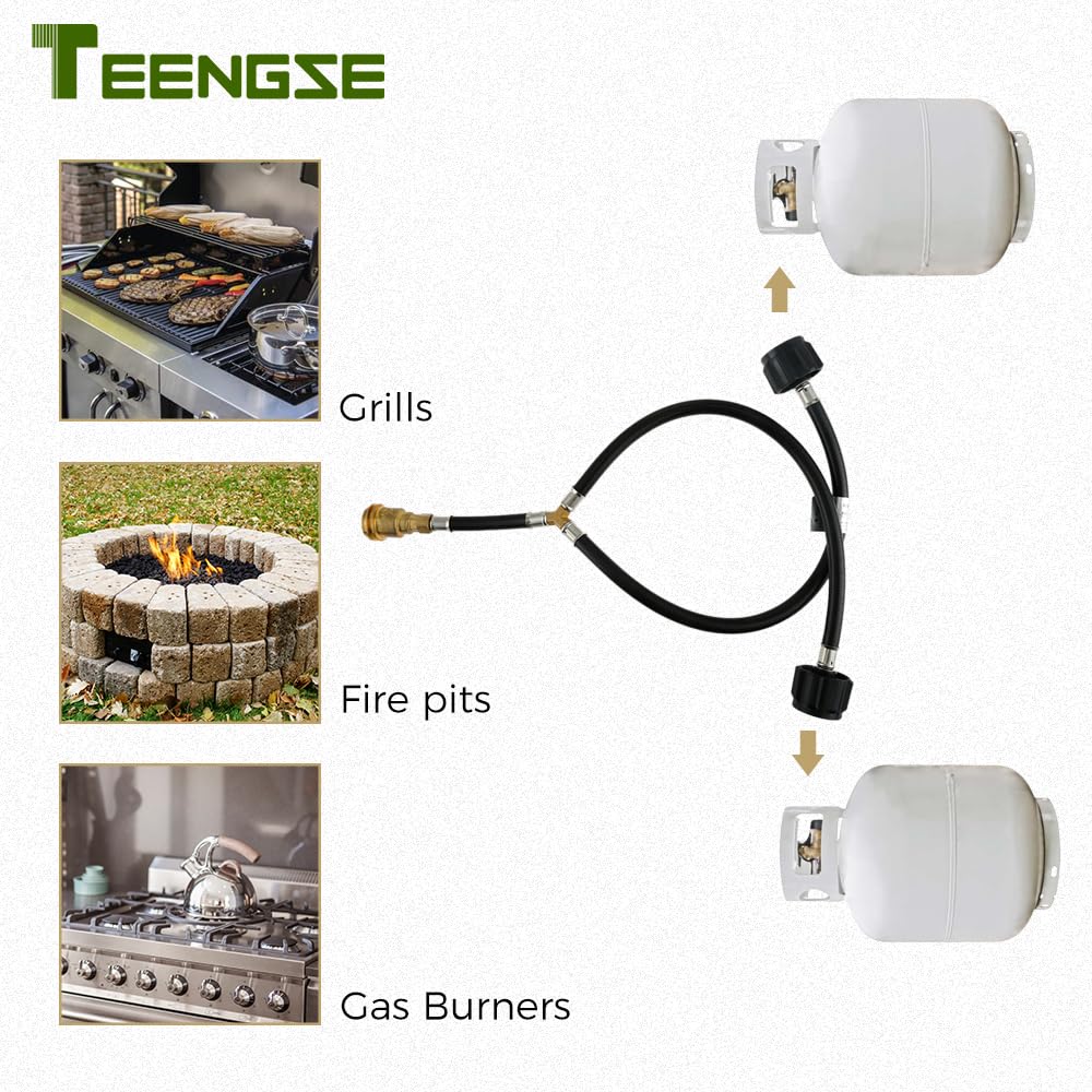 Teengse Y Shape Propane Splitter Hose Converter Adapter, QCC/POL Outlet and QCC Inlet, Propane Tank Regulator Valve for Heaters, Grills, Fire Pit, Gas Burner, Turkekey Fryer