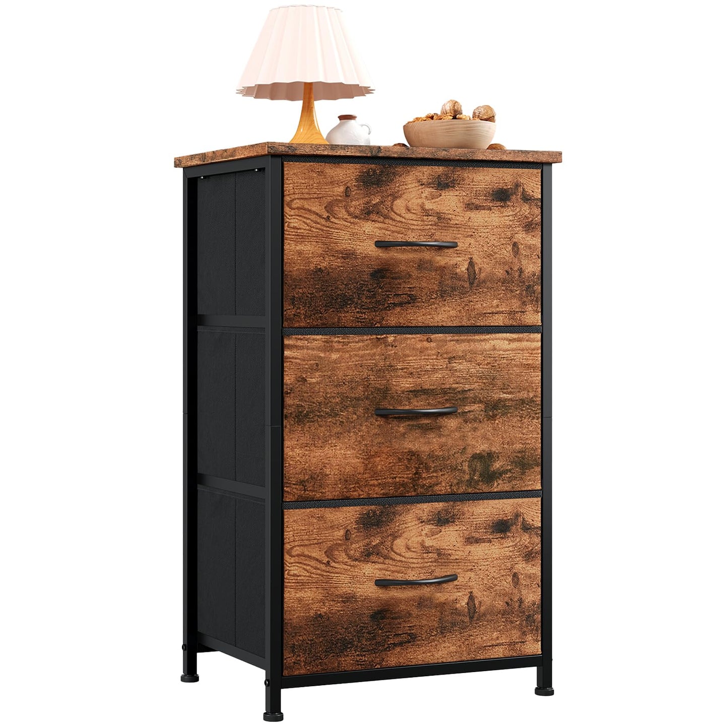 Somdot Nightstand with 3 Drawers, Small Dresser for Bedroom, Bedside Table Night Stand End Table with Fabric Bins for Bedroom Closet Dorm Kids Room, Wood Grain Print