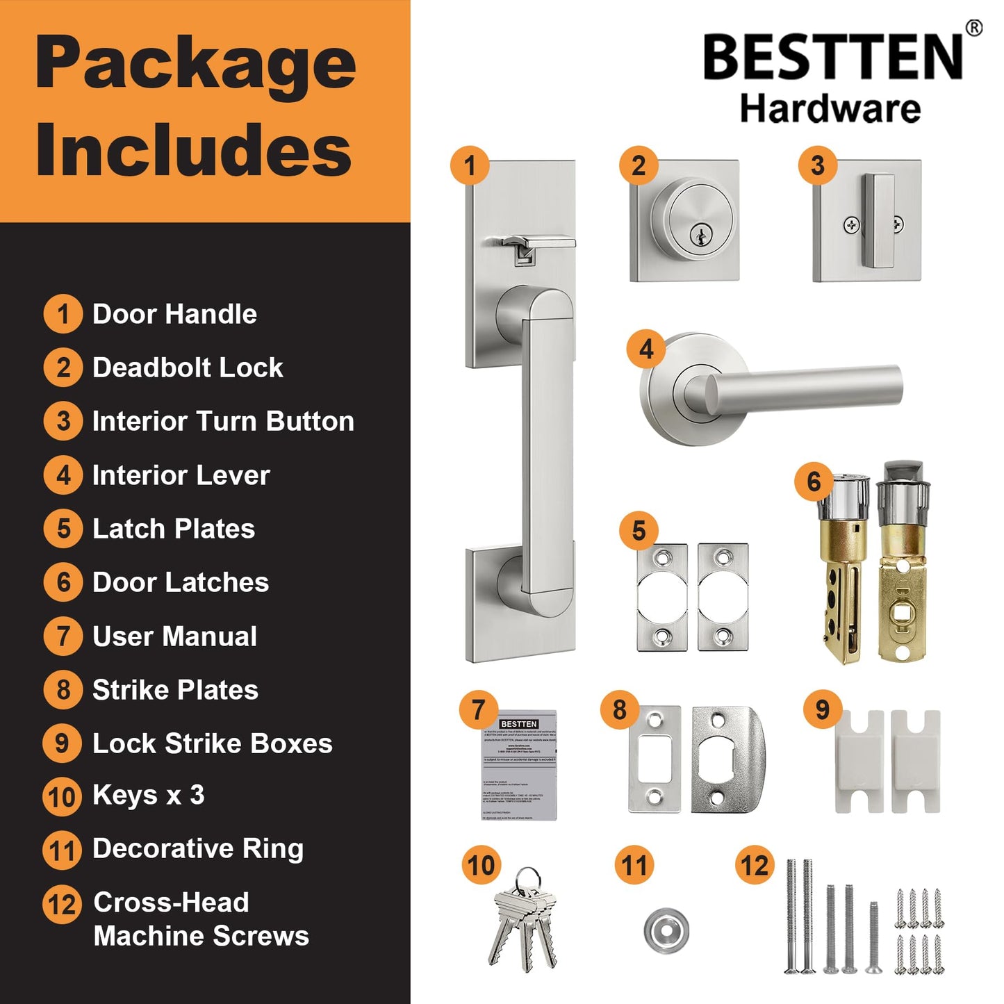 BESTTEN Square Front Door Entry Handle Set, Easy Install Adjustable Handle with Keyed Deadbolt Lock, All Metal Solid Construction in Stainless Nickel Finish