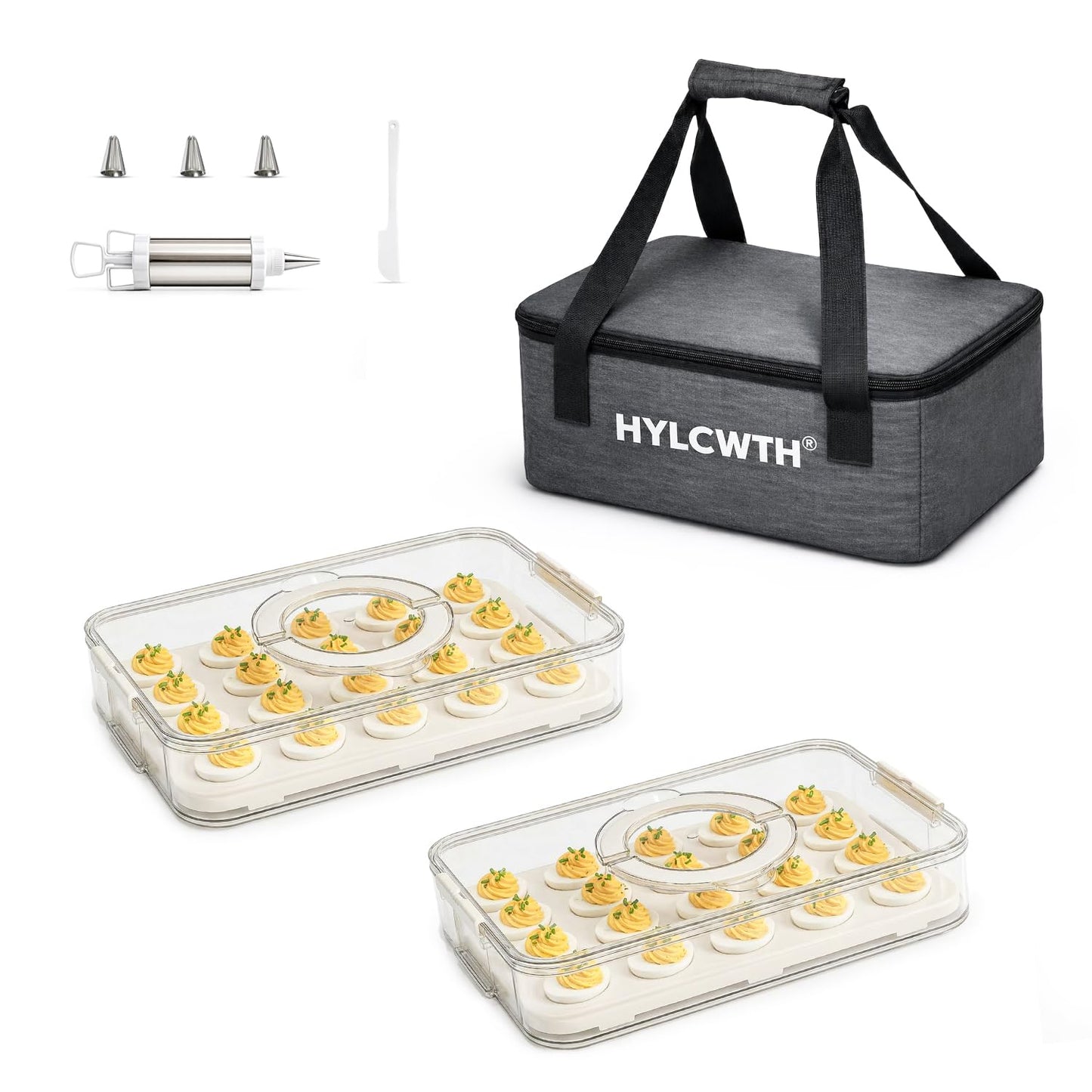 2 Pack Deviled Egg Containers with Lid, Durable Deviled Egg Platter, Fridge Portable Egg Tray with Lids for Party, Thickened Deviled Egg Carrier with Portable Insulated Bag & Piping Decorating Kit