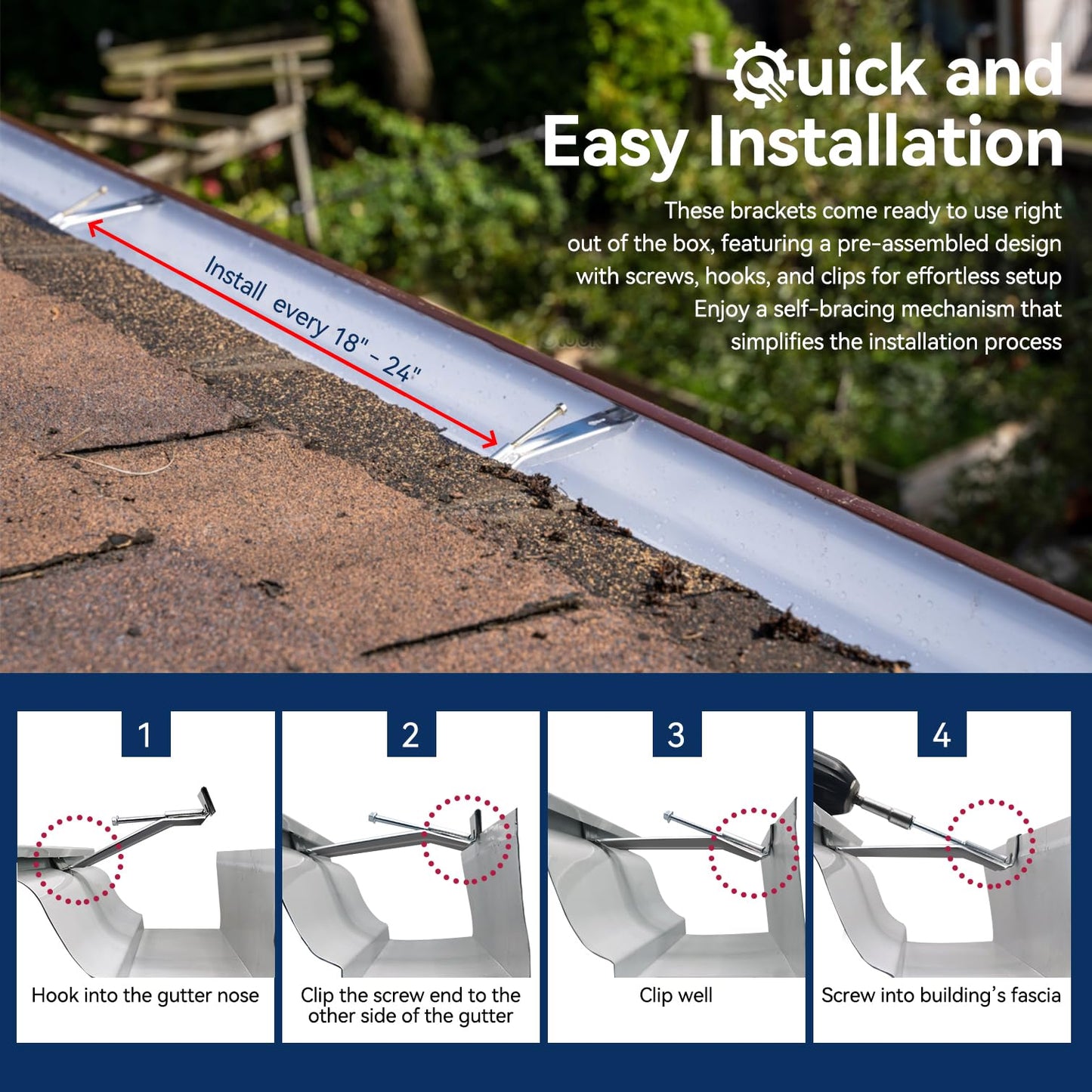 Gutter Hangers 5 inch - 60 Pack Gutter Brackets with Pre-Assembled Screw, Hidden Gutter Hangers for Repair Sagging Rain Gutters