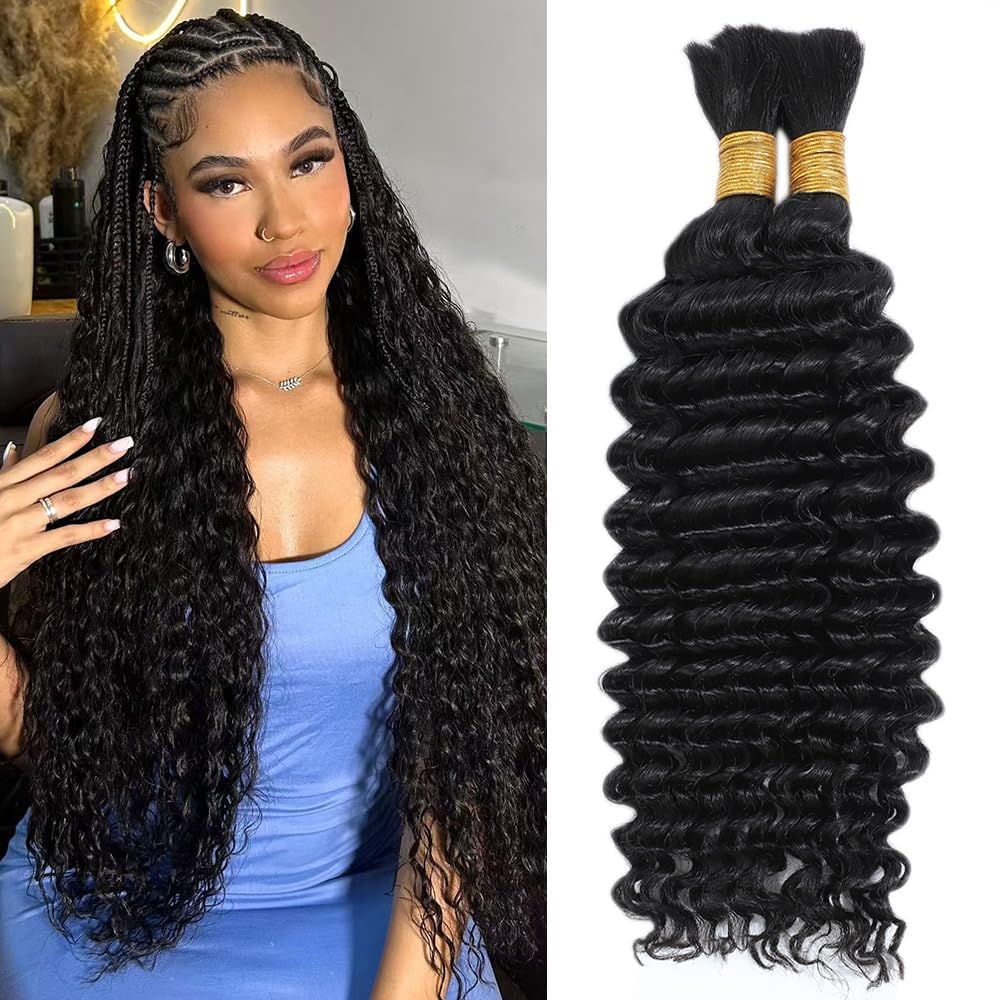 Datanala Human Braiding Hair 22Inch Deep Wave Human Hair Bulk for Braiding 2 bundles/100g 100% Unprocessed Virgin Wet and Wavy Human Hair Extensions for Boho Braids(1B#, 22inch-100g)