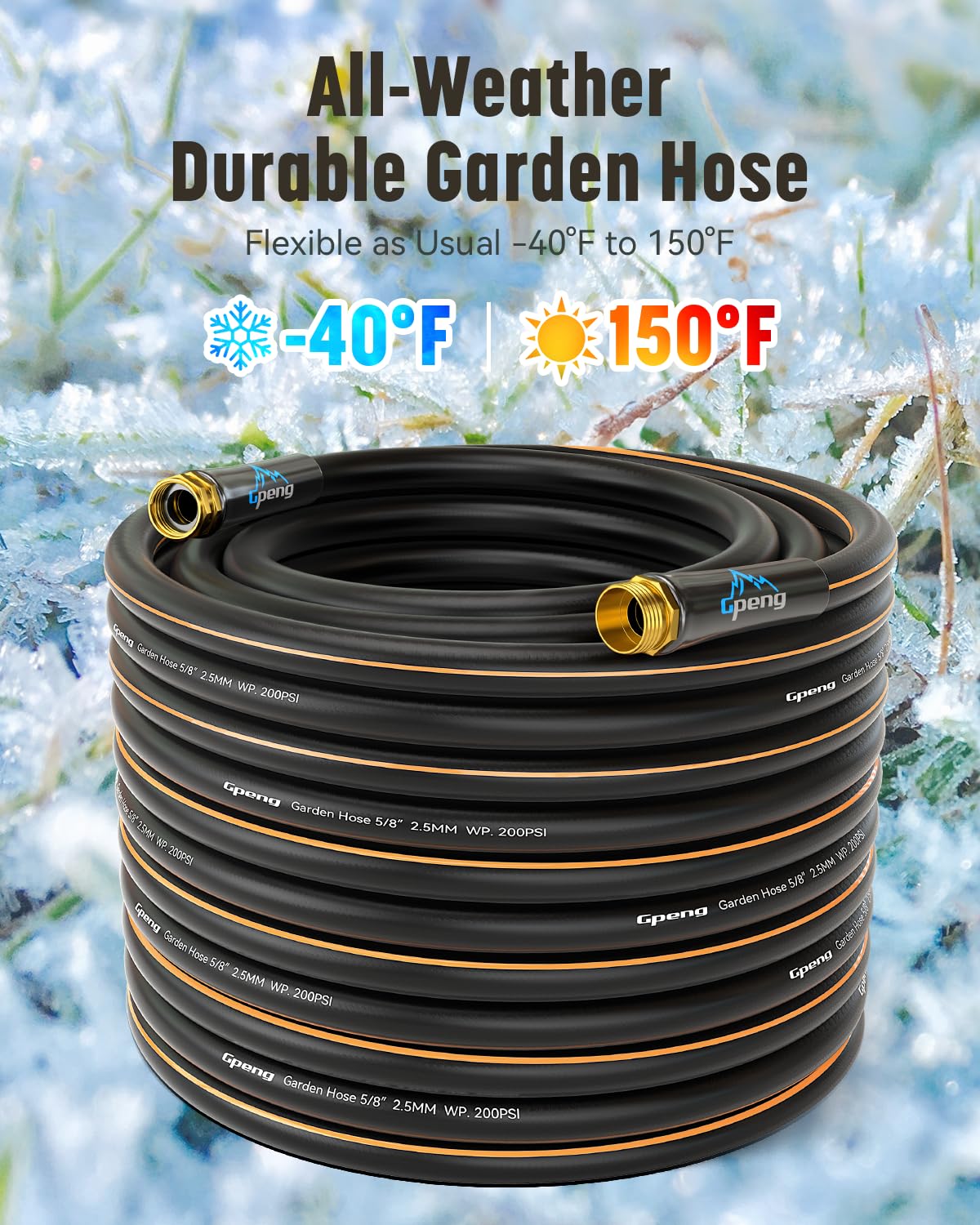 Gpeng Heavy Duty Garden Hose, 50ft x 5/8" Water Hose, Flexible Hybrid Hose with 10-Pattern Spray Nozzle, Swivel Handle, Male to Female Fittings, Burst 600 PSI