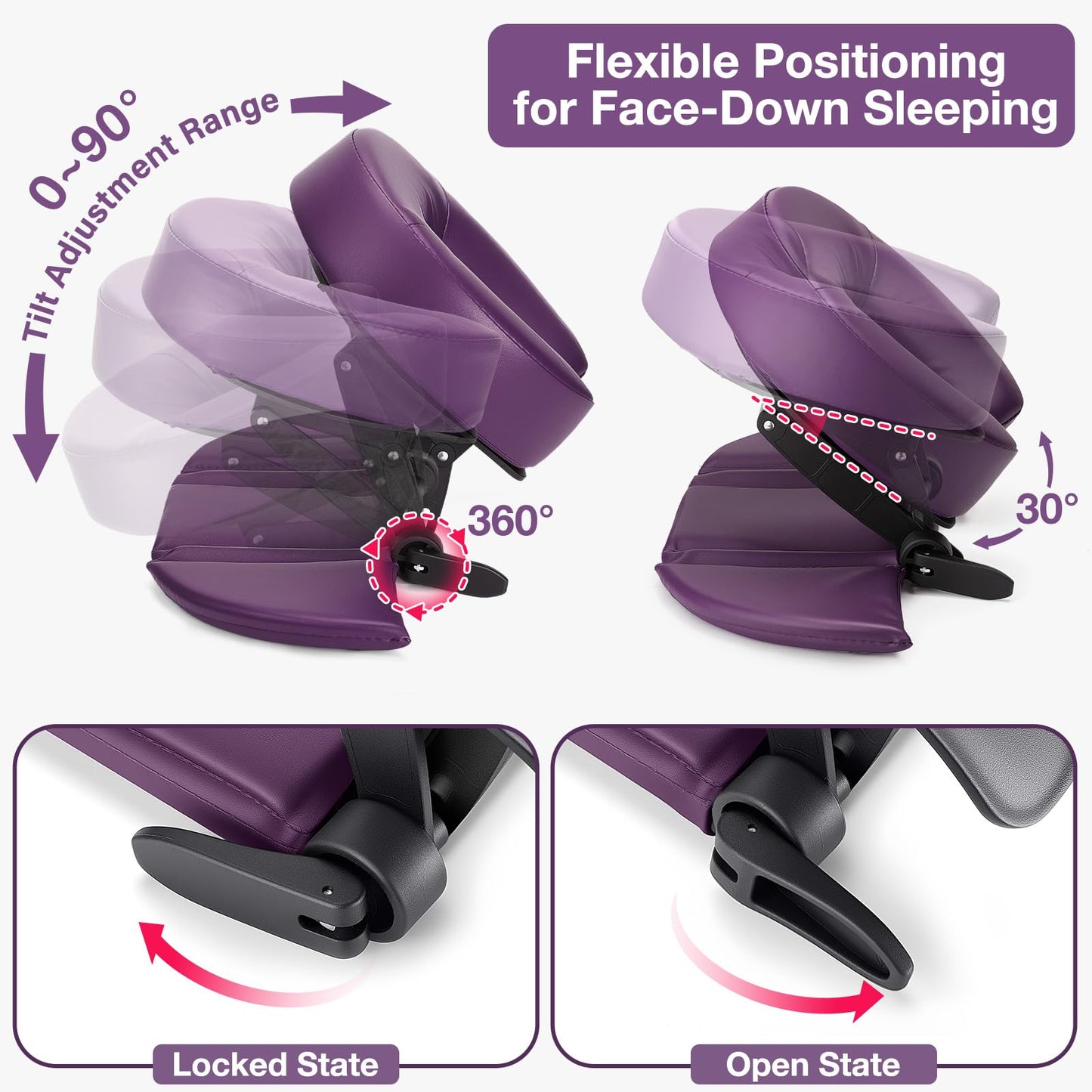 Udefineit Face Down Tabletop Massage Kit, Adjustable Headrest Face Cradle with Hand Rest Pad, Universal Desktop Home Mattress Massage Pillow Cradle, Support & Soft Memory Foam Pillow (Purple)