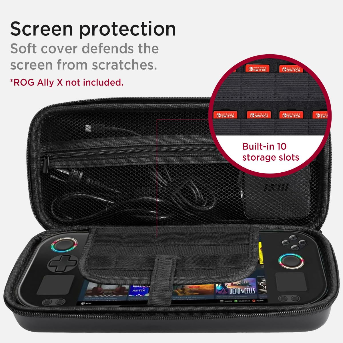 Miimall Carrying Case for ASUS Rog Ally/ASUS Rog Ally X,Shockproof Hard Shell Protective, Large Capacity Portable Hard Shell Travel Bag with Built-in 10 Storage Card Slots (Black)