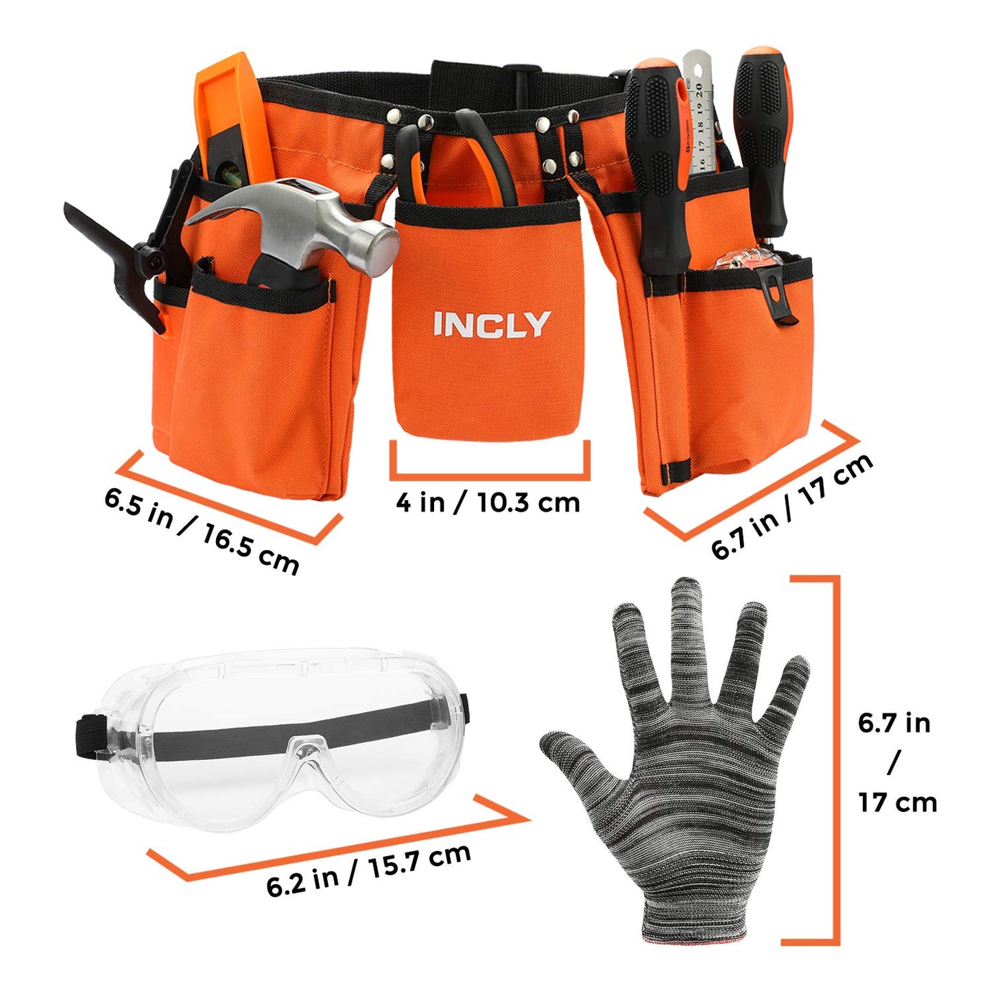INCLY 18PCS Kids Tool Set with Reinforced Belt, Adjustable Waist 20"-32", Boys Real Hand Tools Kit Children Construction Learning Tools Hammer Screwdriver for Home DIY Building & Woodworking