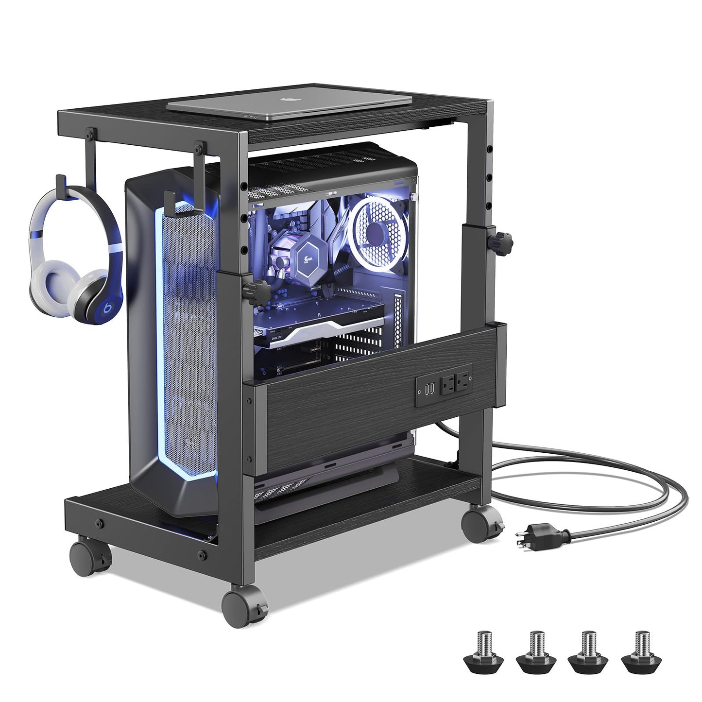 Hovadova Computer Tower Stand with Charge Station and USB Charging Port - Height Adjustable PC Tower Stand, Under Desk CPU Holder Cart with Locking Caster Wheels for Fits Most PC