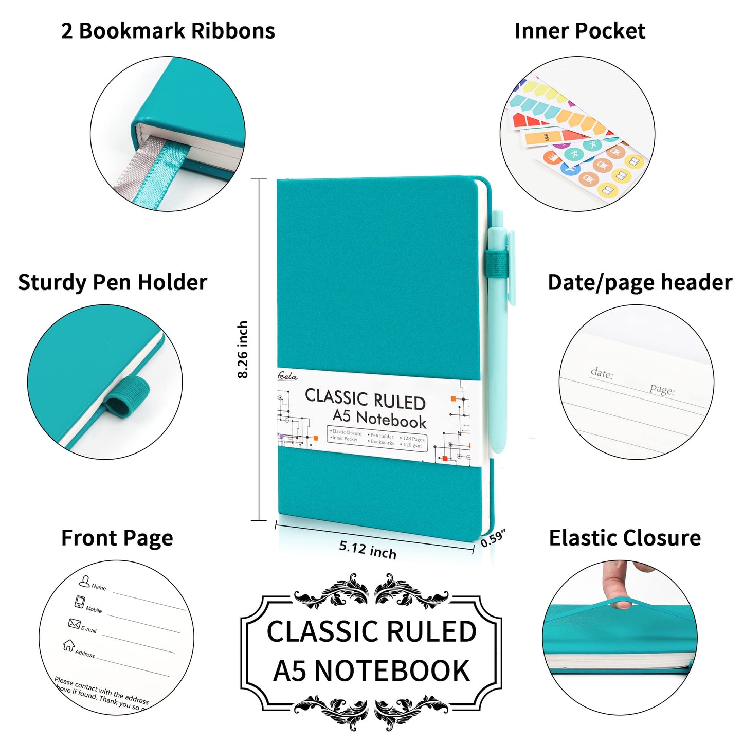 5 Pack Journal Notebook Bulk for School, Feela Hardcover Business Notebooks Classic Ruled Lined Journals with Pen Holder for Work Note Taking, with 5 Black Pens, 120 GSM, 5.1”x8.3”, A5, Emerald