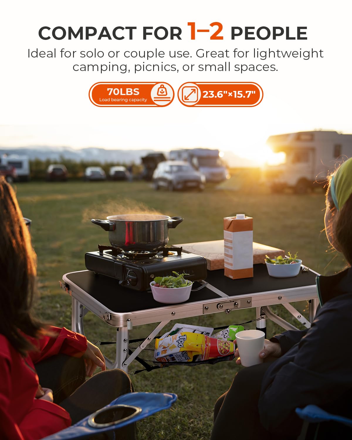 Sportneer Small Folding Table 2ft, 4 Adjustable Height Folding Camping Table with Mesh Layer Lightweight Portable Folding Camping Tables Aluminum Camping Table Outdoor Table for Picnic Beach BBQ