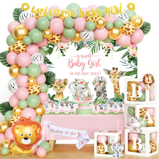 149 PCs Safari Baby Shower Decorations for Girl, Fiesec Jungle Themed Décor Backdrop Balloon Garland Arch Artificial Leaves Box Cutout Glitter Banner Cake Topper Sash Lion Cheetah Giraffe Pink