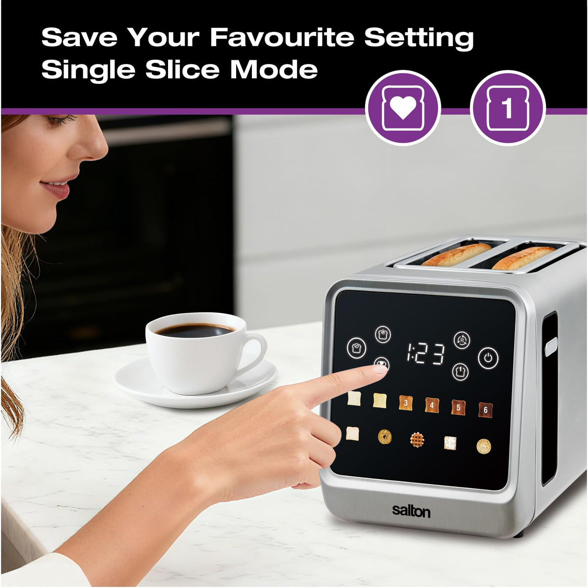 Salton Touchscreen Toaster | 2 Slice Digital Toaster | Intuitive Touch Controls | 6 Precise Shade Settings | Memory & Single Slice Functions | Removable Crumb Tray | Anti-Jam Safety Shut-Off