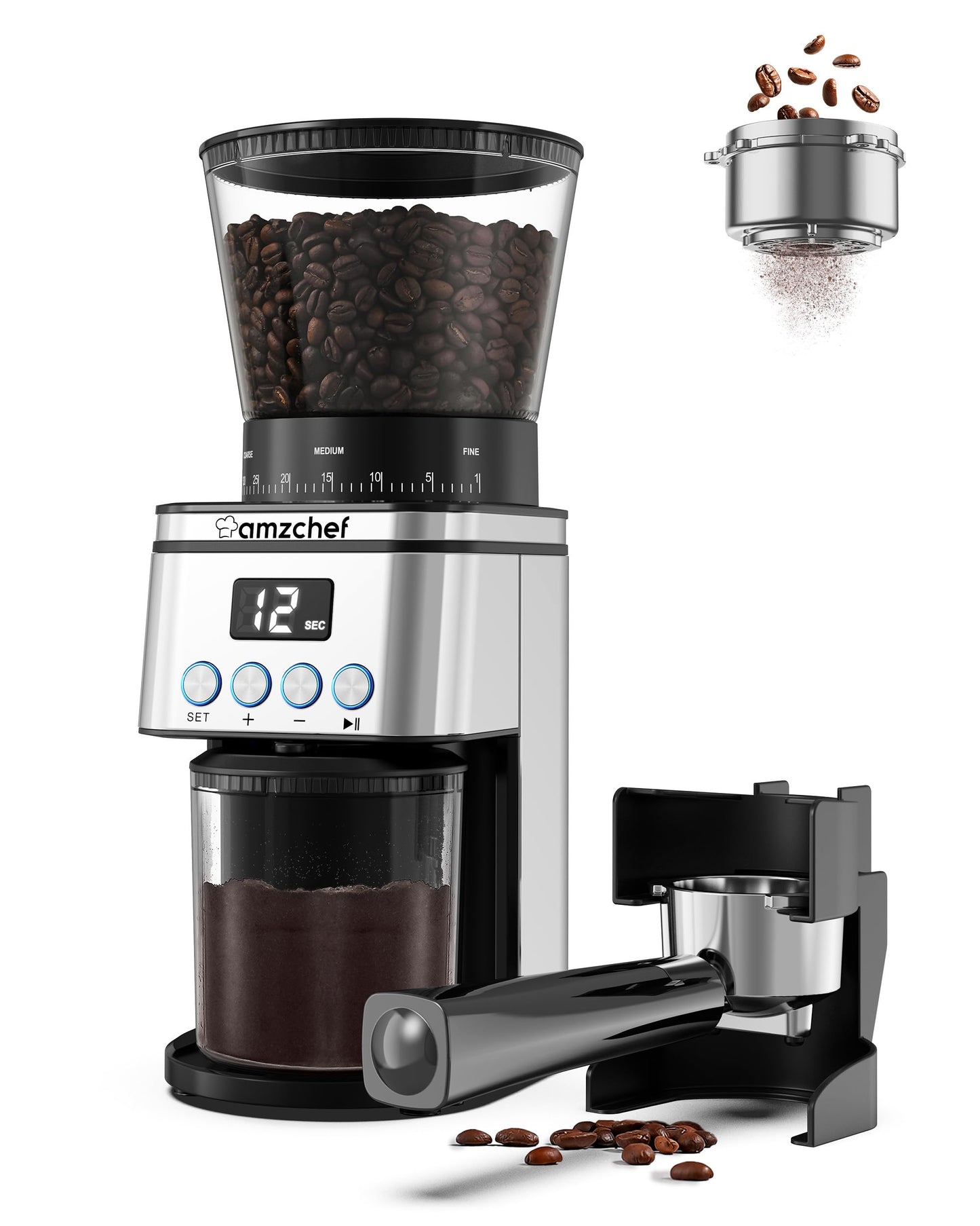 AMZCHEF Coffee Grinder Electric - Espresso Grinder with 30 Grind Settings for 1-12 Cups or up to 40 secs, Anti-Static Conical Burr Coffee Grinder with 300g Large Hopper, Digital Display