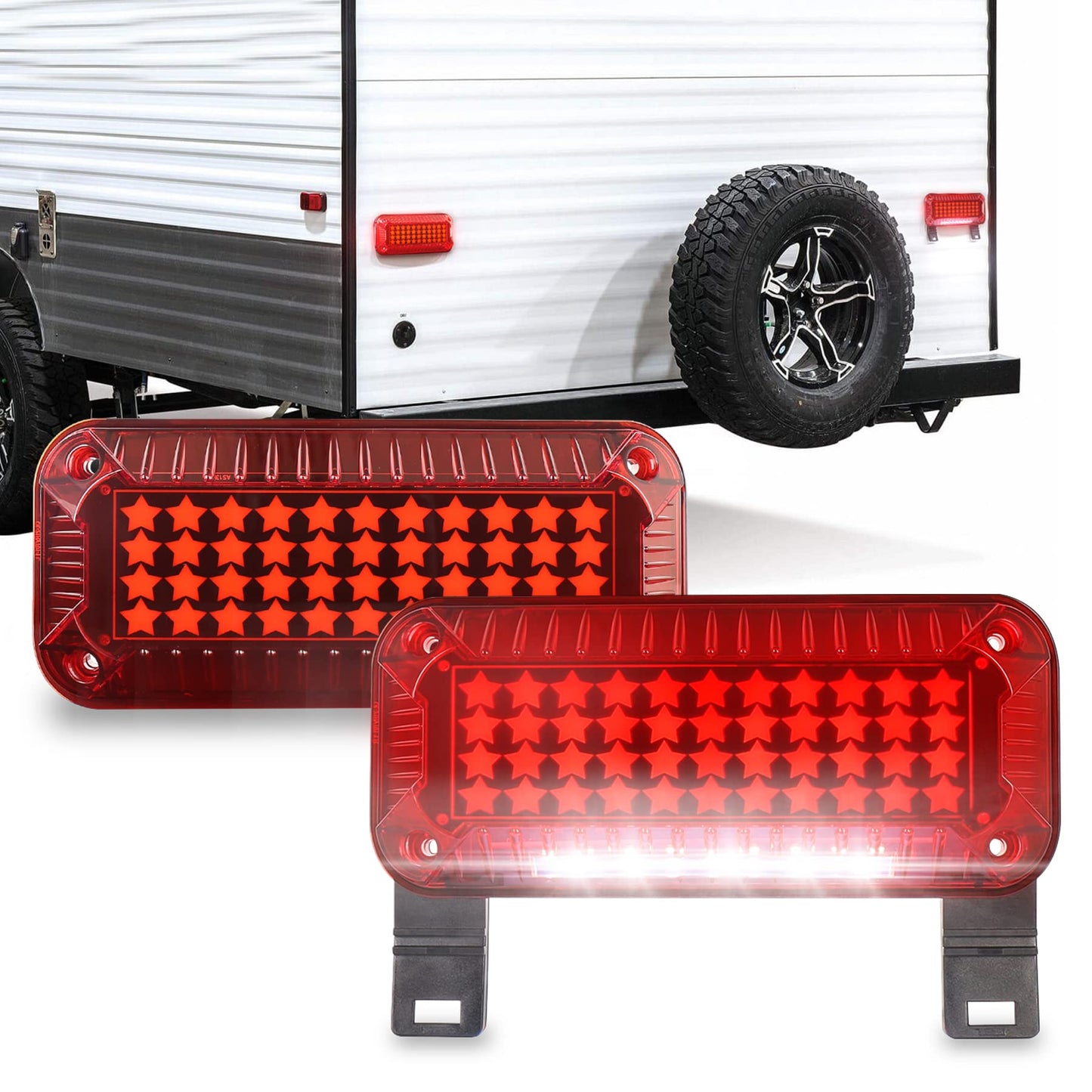 POVTOR Trailer Tail Lights 57 LEDs with Running/Turn Signal/Stop License Plate Light/RV Brake Lights Star Red Reflex Surface Mount Rectangular Camper Tail Lights