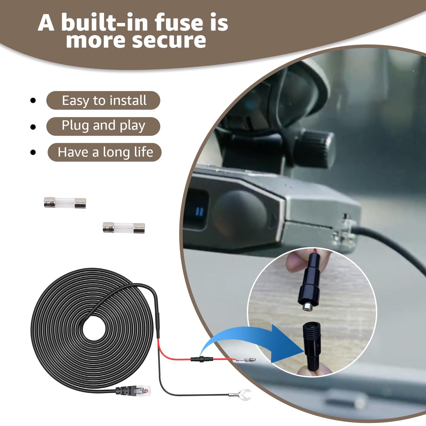 Universal RJ11 Radar Detector Hardwire Kit Compatible with Uniden R3, R7, R8, Escort, Valentine One, Cobra Direct Wire Power Cord with Multiple Fuse Taps
