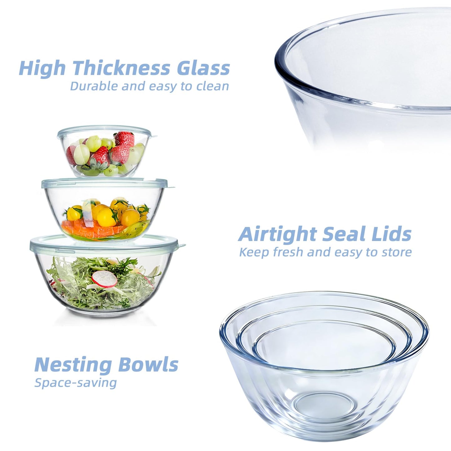 Whiterhino Glass Mixing Bowls with Lids Set of 3（4.5QT,2.7QT, 1.1QT, Large Clear Salad Fruit Nesting Bowl for Cooking,Baking,Prepping,Serving and Storage,Dishwasher and Microwave Safe