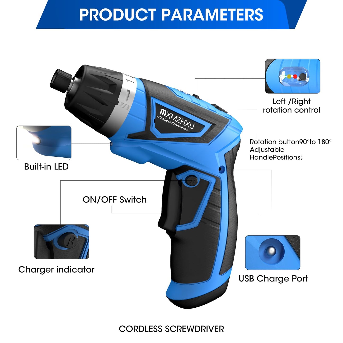8V Cordless Electric Screwdriver,6+1 Torque Settings 10N·m 180°Adjustable Electric Screwdriver Set 50 Pcs Drill Rechargeable Battery,2Position Handle,Flexible Shaft,LED Light,for Home and Office.Blue