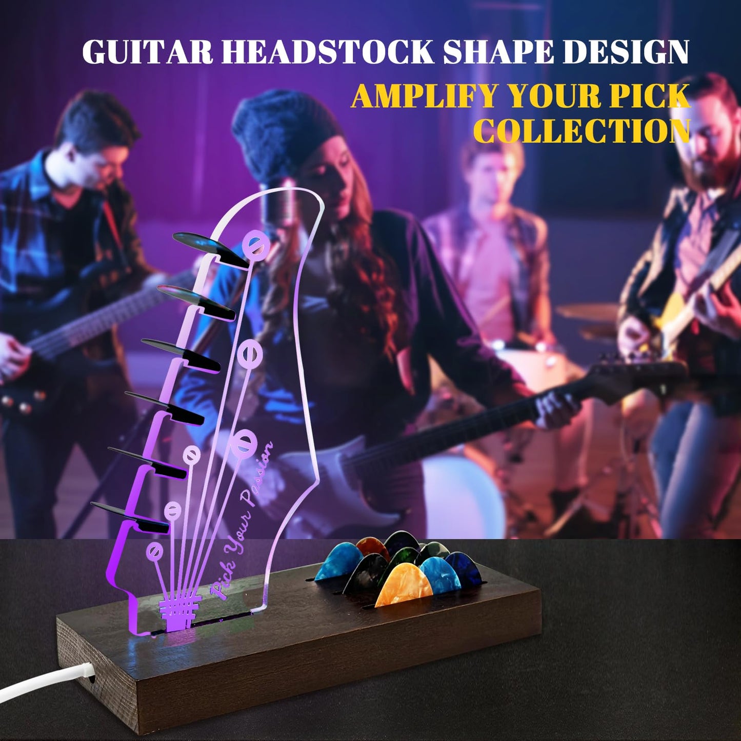 NZNDB Light Up Guitar Pick Holder, Wooden Guitar Pick Holder for Picks Storage and Display, Music Gift for Men Guitar Music Lovers Players Guitarist, Guitar Accessories