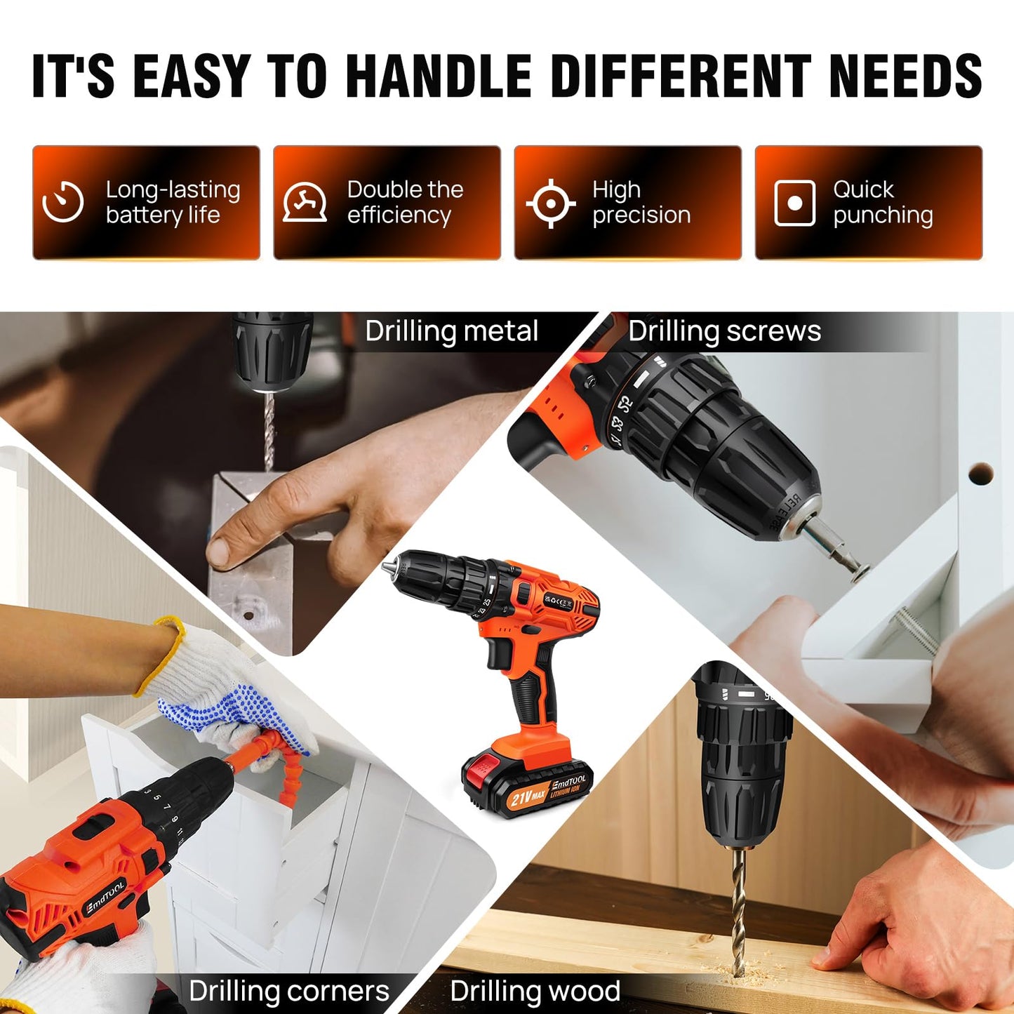 21V Cordless Power Drill with Two Batteries,Electric Screwdriver Drill Set, 2 Variable Speed,25+1 Torque Setting,29PCS Accessories,LED Work Light for Home and Garden DIY Project Kit(45Nm/Orange)