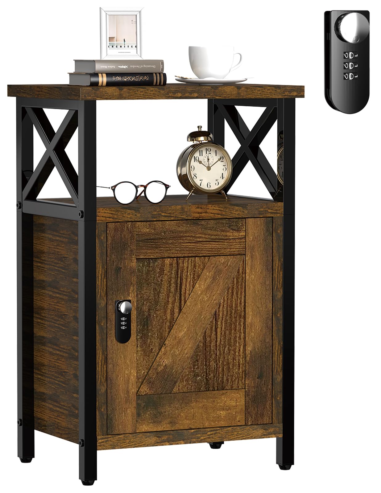runjuly Night Stand with Locking Drawer, Bedside Table with Drawers, Wooden Bed Side Table with Storage, Nightstand with Shelves, End Night Tables For Bedroom, Living Room, Dorm, Office (Rustic Brown)