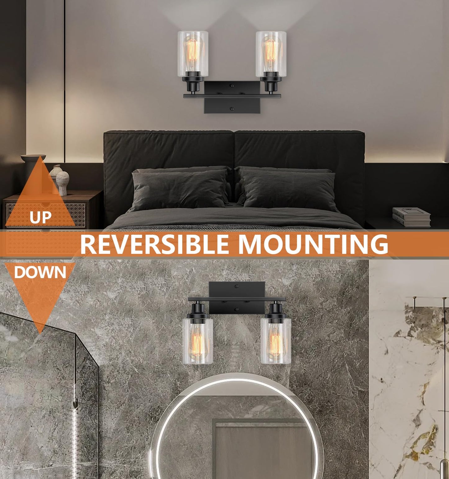 Bathroom Light Fixtures Over Mirror, 2-Light Black Vanity Light, Modern Vanity Lights for Bathroom with Clear Glass Shade, E26 Standard Vanity Lights with Metal Frame for Bedroom Hallway Living Room