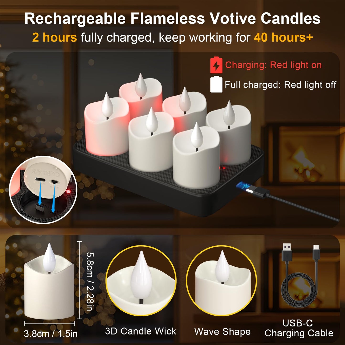 PChero Rechargeable Flameless Candles Flickering with Remote Timer & Charging Base, 6 pcs USB Battery Operated LED Tea Lights Small Votive Candles for Weddings Lantern Christmas Home Room Decor