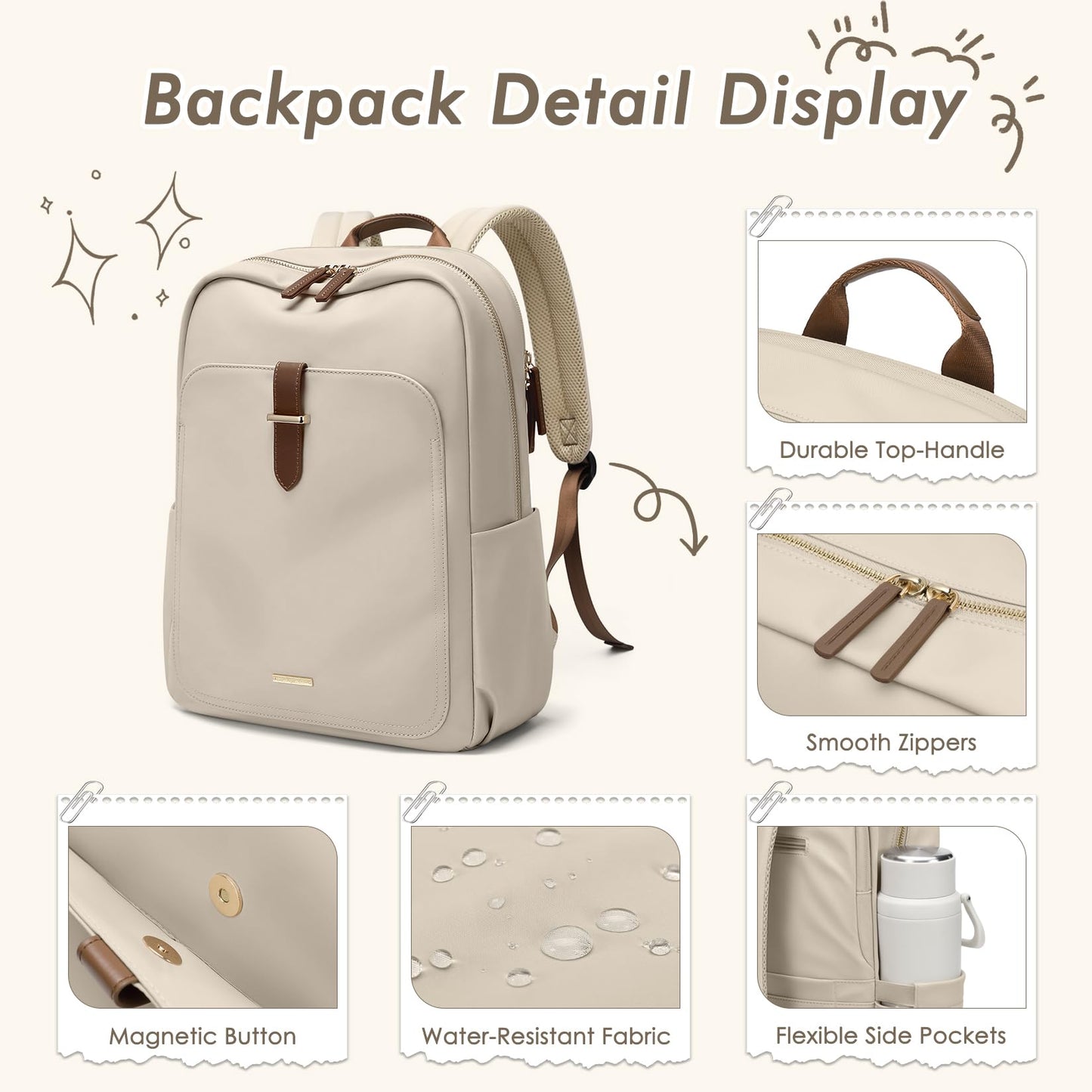 GOLF QUALITY Laptop Backpack for Women,Casual Work Business Backpacks Purse Carry on Travel Backpack,14 Inch,Apricot