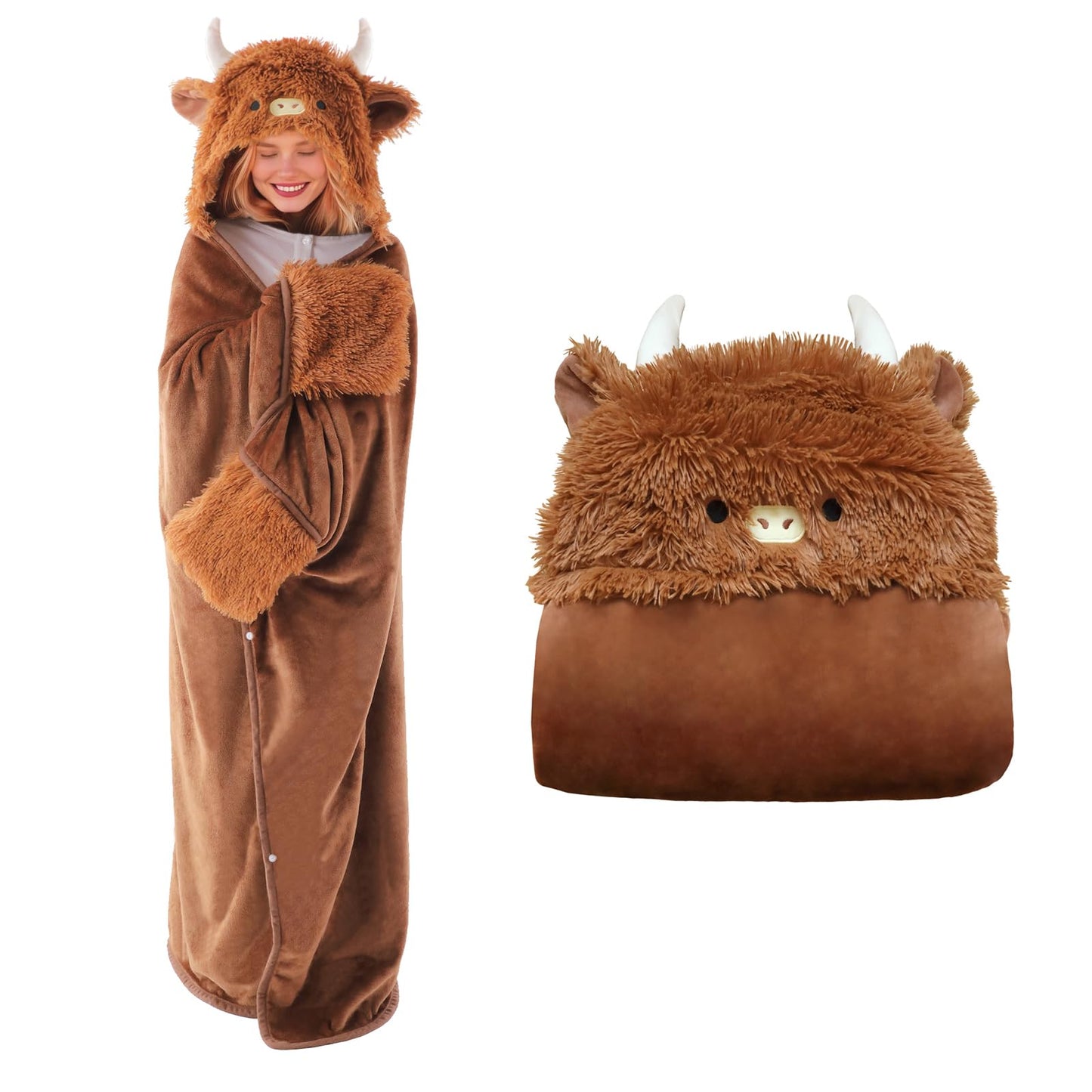 TOYSYM Highland Cow Hoodie Wearable Blanket Fluffy Highland Cattle Blankets 50 X 60" 860g Comfy Fuzzy Hooded Throw Blanket Christmas Birthday Gifts for Women 30S Mom Girlfriend Teen Girl Gifts