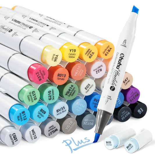 Ohuhu Alcohol Markers Brush Tip: 36-Color Double Tipped Art Marker Set for Artist Adults Coloring Illustrations -Honolulu Plus - Supreme Brush & Chisel -Refillable