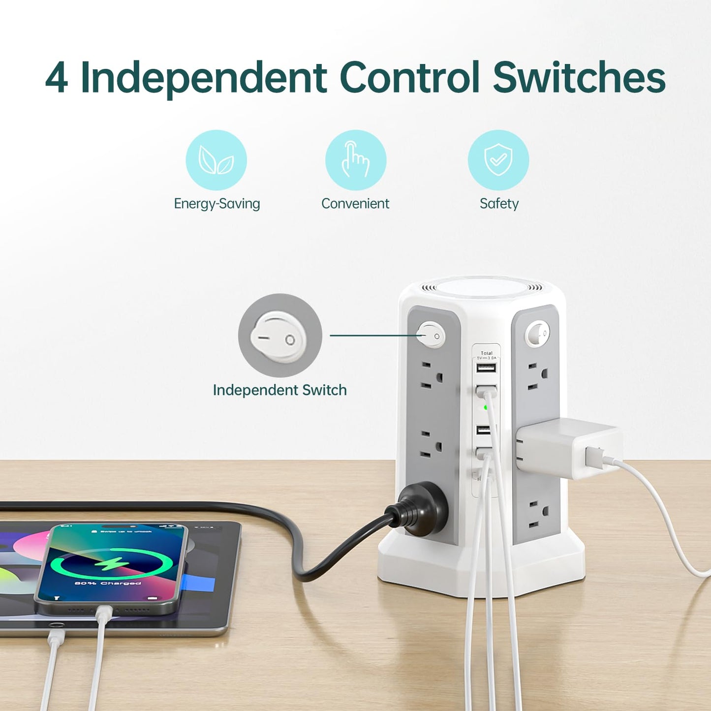 Surge Protector Tower Power Bar with USB C 18W Fast Charging Port, 10FT Extension Cord with 12 AC Outlets, and 5 USB Charging Ports(1 USB C), Power Bars Tower Surge Protection for Home Office DormRoom