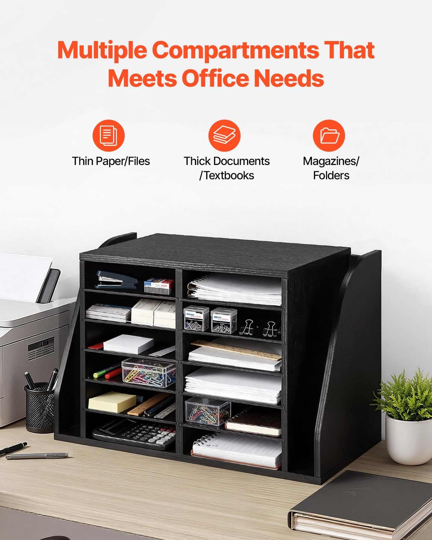 VEVOR Literature Organizer, 12 Compartments Office Mailbox with Side Vertical Storage, Wooden Mailbox Sorter Made of Particle Board, Countertop Office Home Organizer for File, Document, Paper, Black