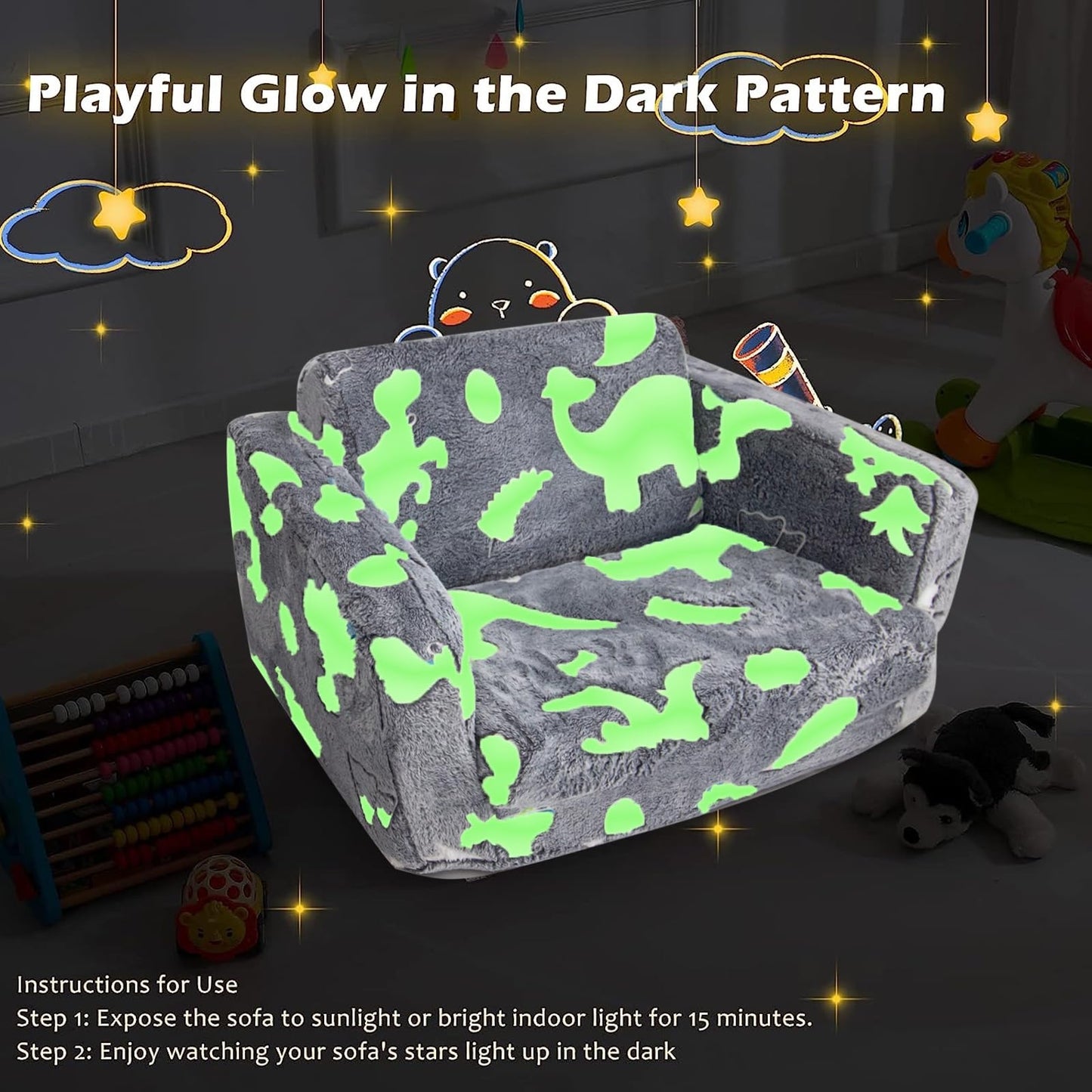 Kids Sofa Toddlers Sofa Glow in The Dark Kids Fold Out Play Couch Mini Dinosaur Couch for Kids Toddlers