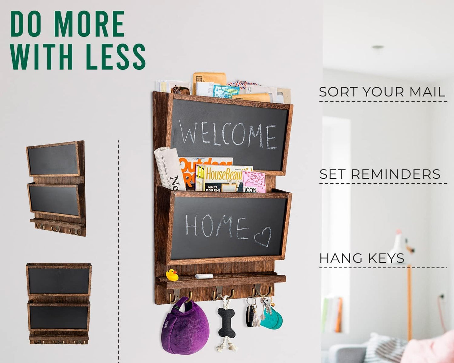 Rustic 2-Slot Mail Sorter Organizer for Wall with Chalkboard & 3 Double Key Hooks - Wooden Wall Mount Mail Holder Organizer – Rustic Brown