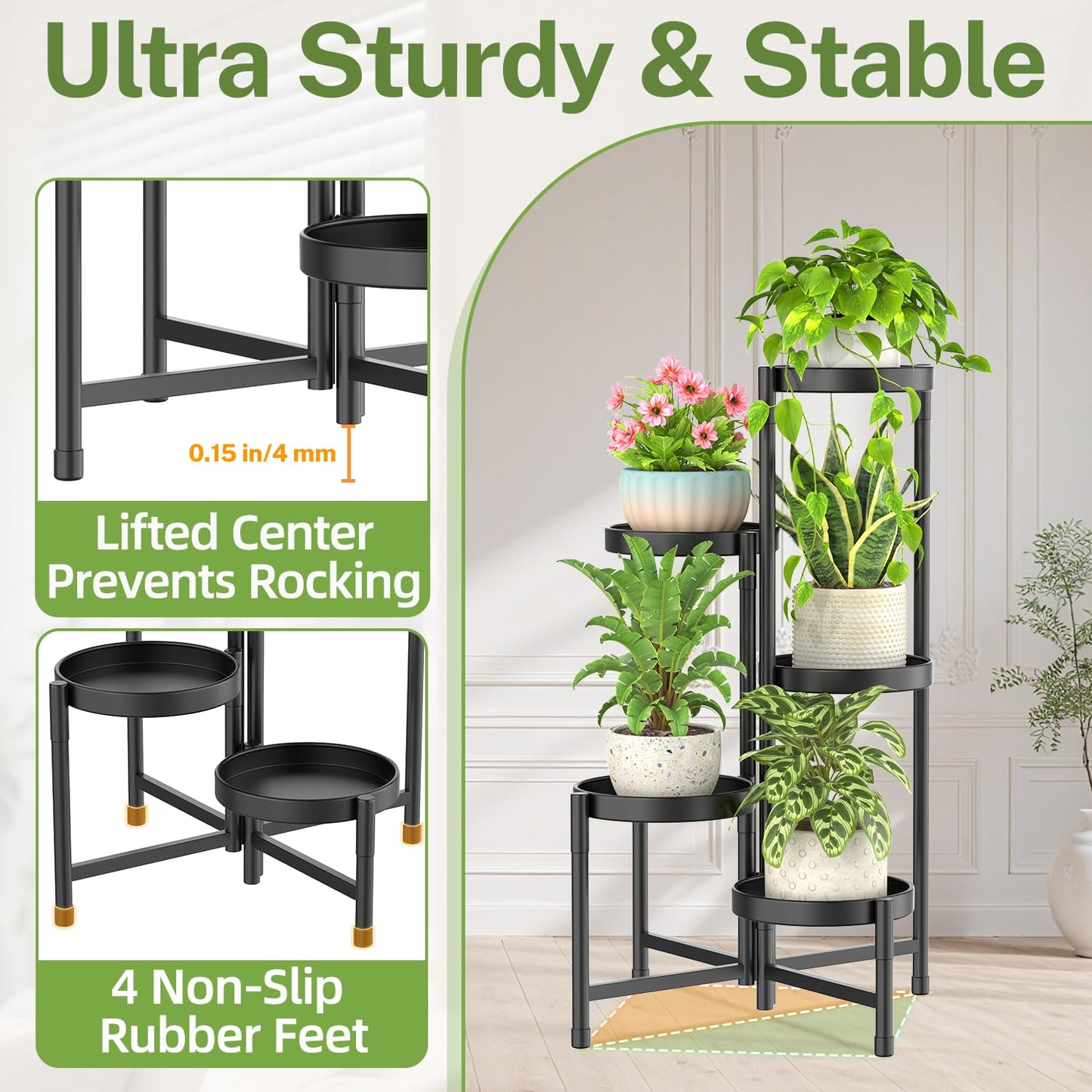 5 Tier Metal Plant Stand for Indoor Outdoor, iDavosic.ly Foldable Corner Tall Plant Shelf for Multiple Plants, Rustproof Flower Pot Holder Display Stand for Living Room Balcony Garden Patio (Black)