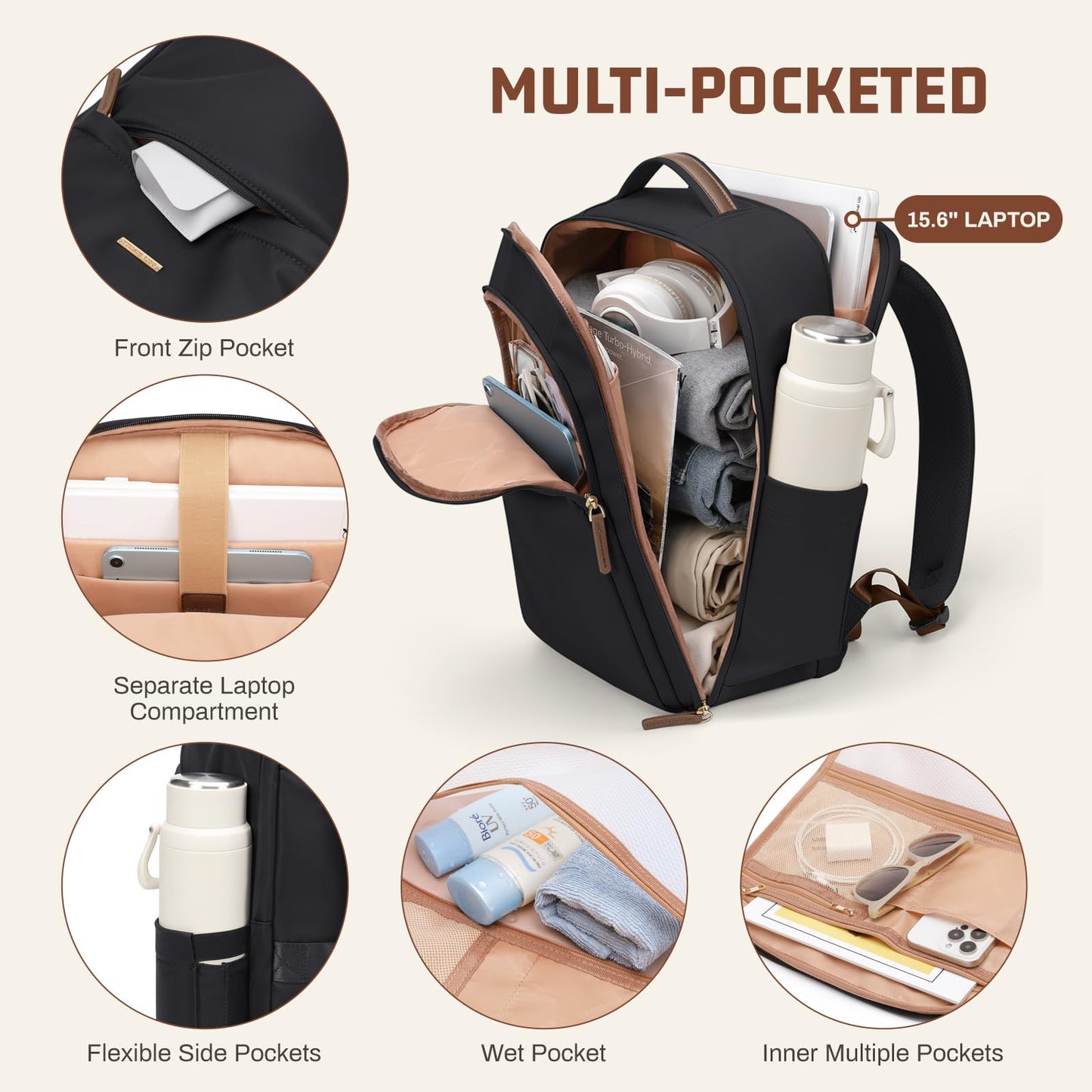 GOLF QUALITY 22L Travel Backpack for Women & Men,Carry On Bag for Airplanes Personal Item Laptop Backpack,17.3 Inch,Black
