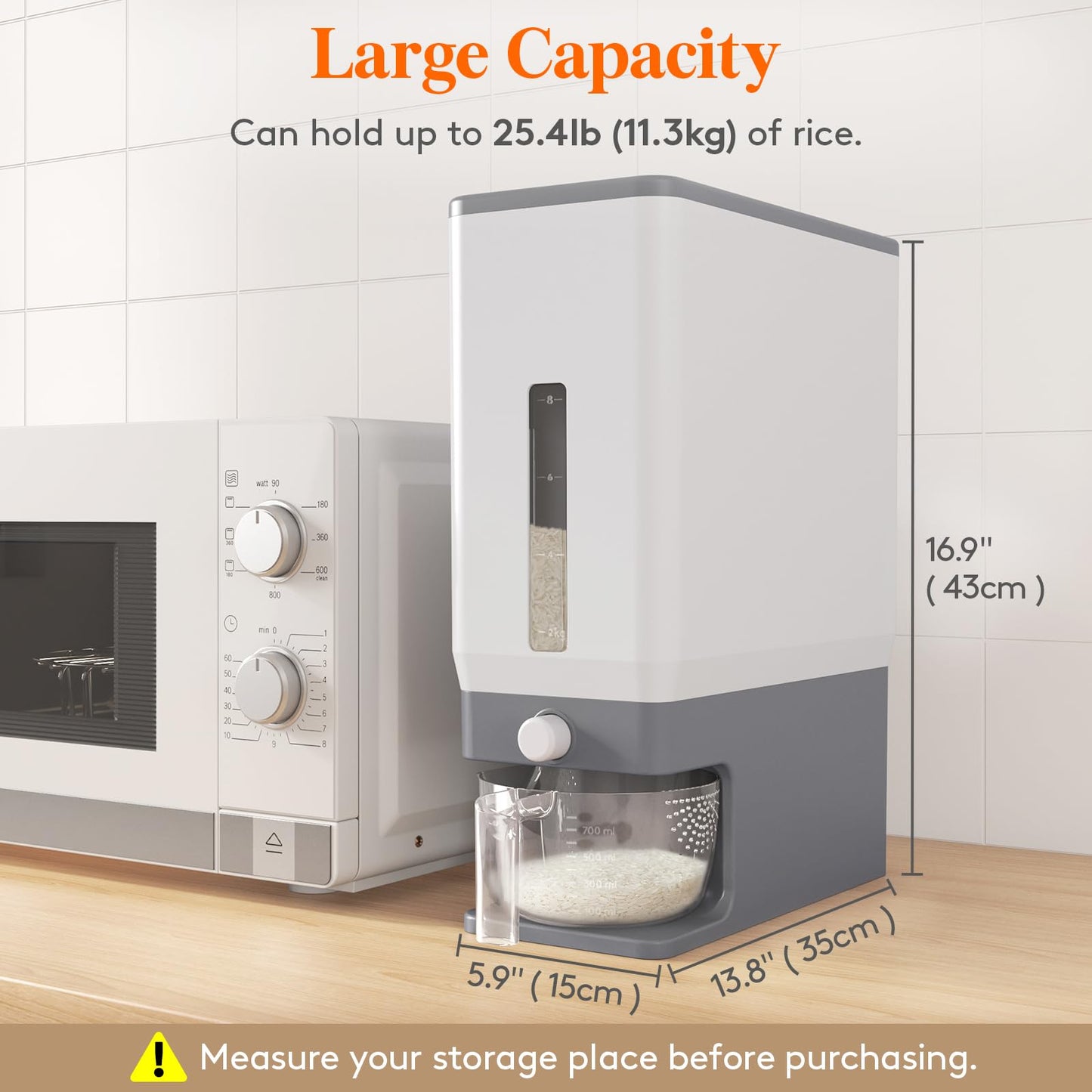 Lifewit Large Rice Dispenser Container 25.4 Lbs, Airtight Cereal Storage Containers with Measuring Cup, Sealed Moisture Proof Rice Bucket, Dry Food Grain Flour Soybean for Kitchen Household, BPA-Free