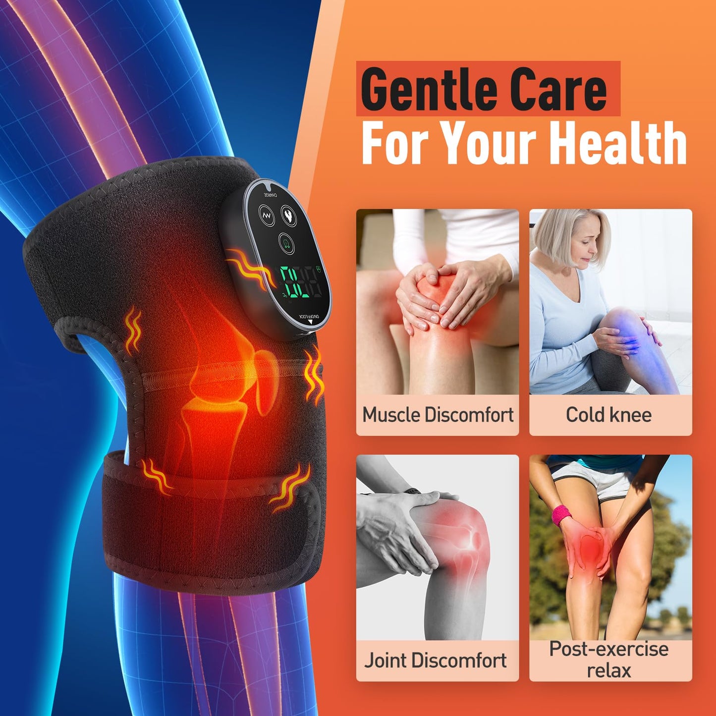 Cordless Heated Knee Massager for Knee Shoulder Elbow, Heated Knee Brace with Vibration for Men and Women, 3 Vibration Modes and 6-level Heating, 3 Timer Setting, Heating Pad for Knee, Black