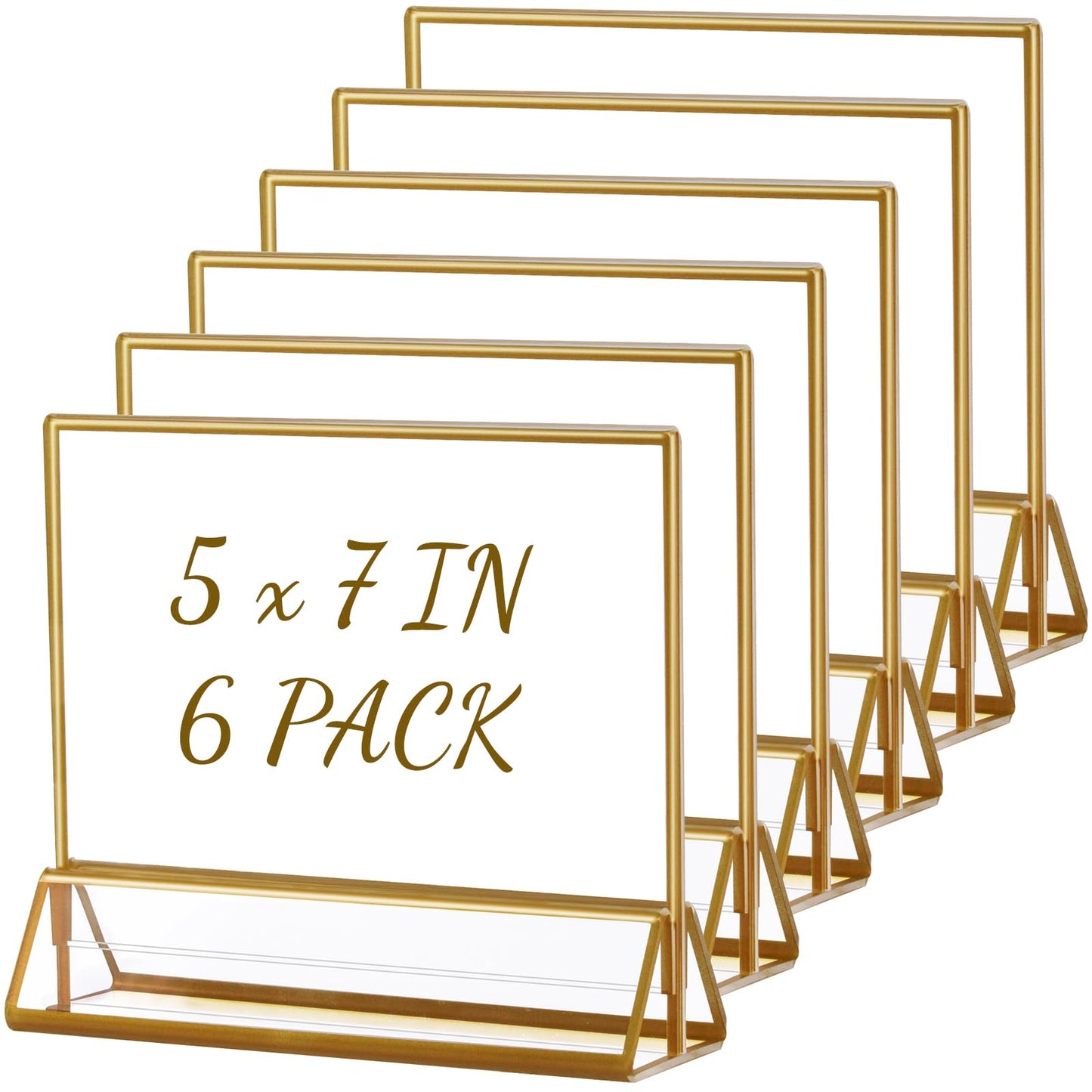 Boxalls Acrylic Sign Holders 5x7 in Gold, 6 Pack Picture Frame Table Number Wedding Holder, Horizontal Photo Stand Double Sided, Menu Recipe Restaurant Reserved Display Centerpieces Bulk Frames