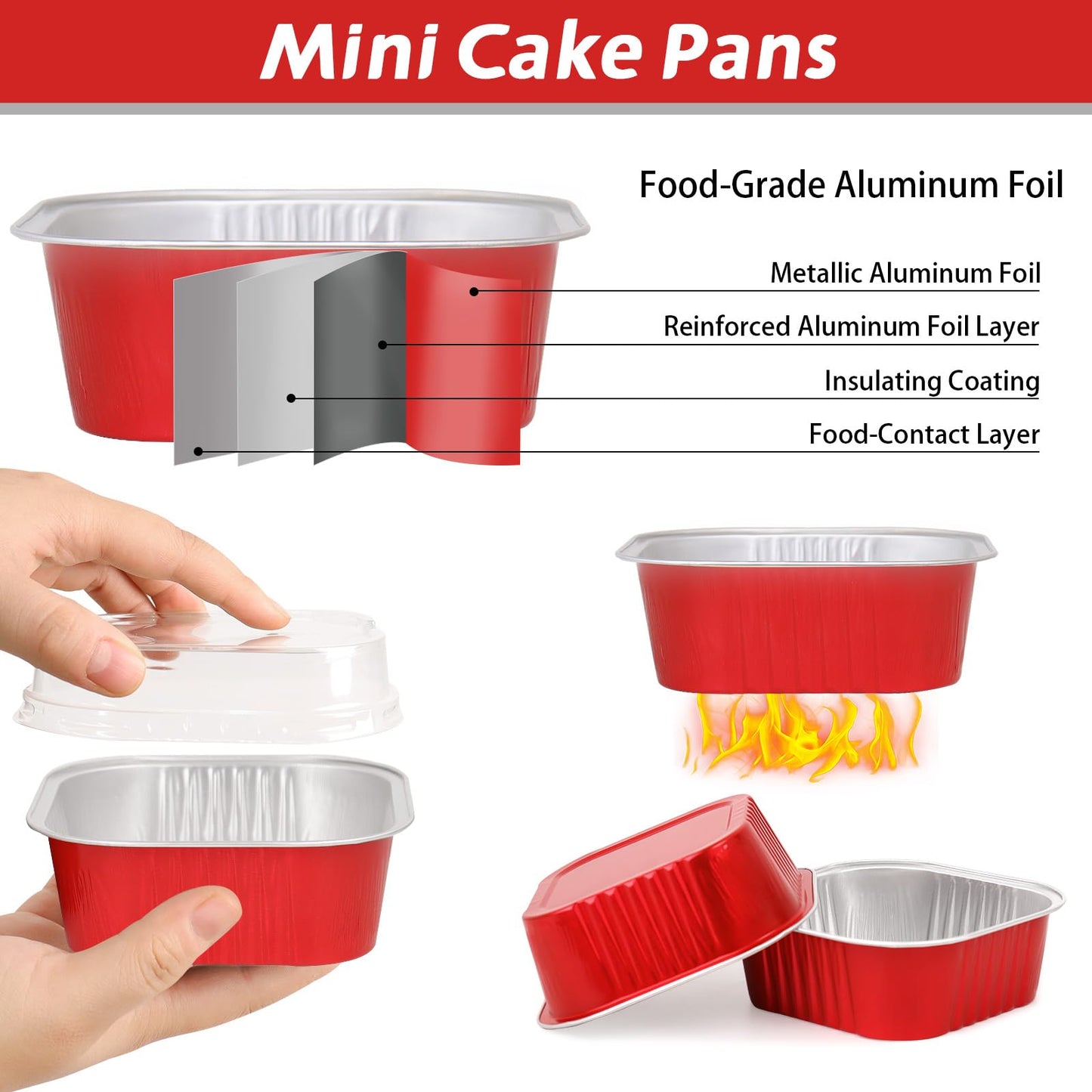 200 Pcs Square Mini Cake Pans with Lids, 10 OZ Individual Mini Loaf Pans, 4.4x4.4 Pink Aluminum Foil Cupcake Baking Cups
