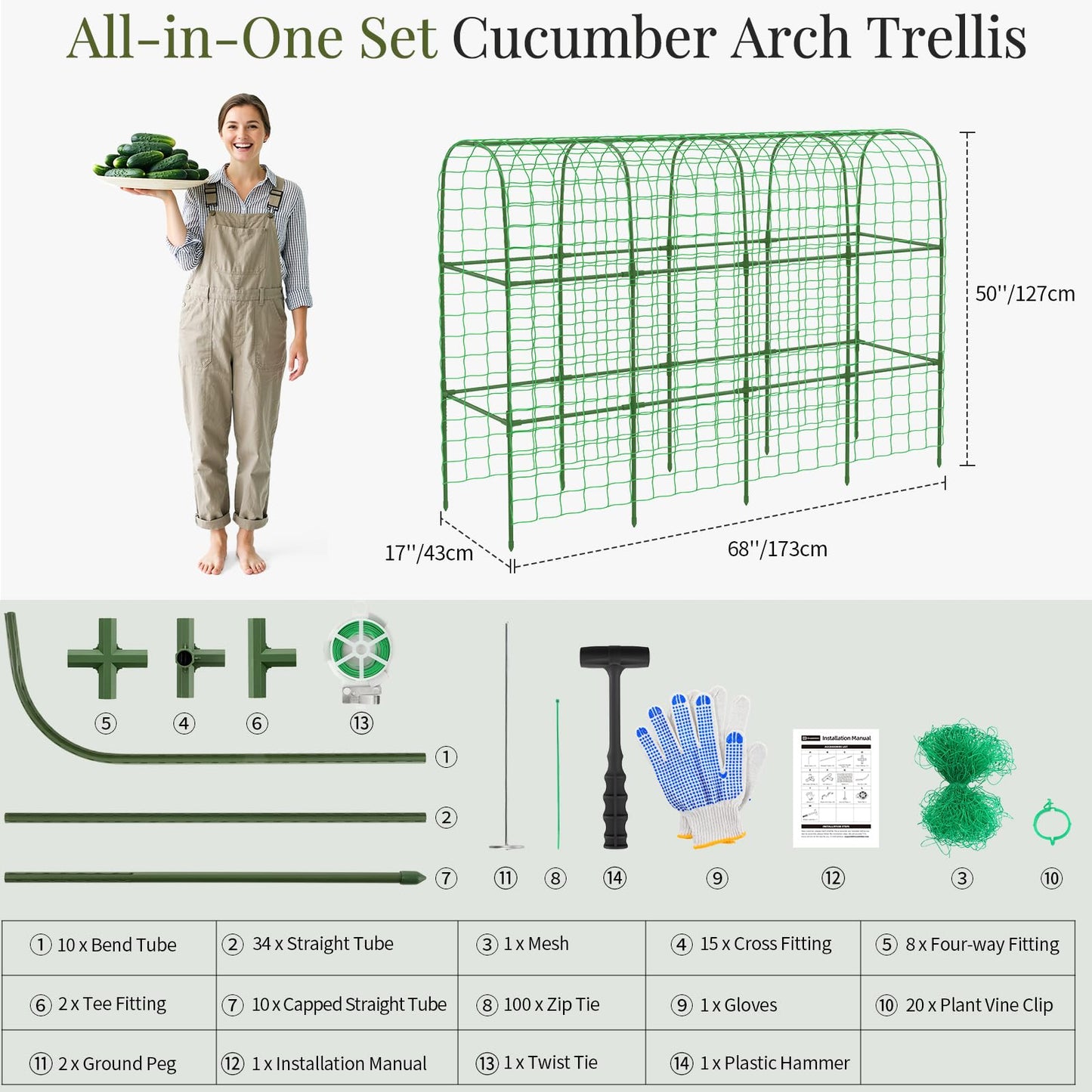 Housolution Cucumber Trellis for Raised Bed, 67"×48" U-Shape Garden Trellis for Climbing Plants Outdoors with 2×3m Net for Tomato Squash Zucchini Peas Beans Grape Fruit Flowers, Green