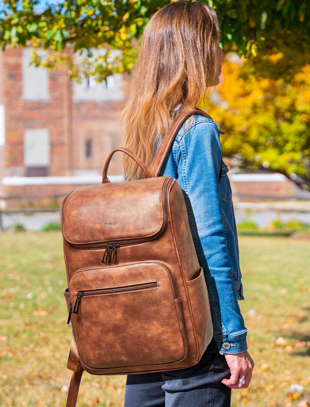 TIAMYI Computer Leather Backpack for Women Travel Back pack with 15.6 inch Laptop Compartment, Vintage Ladies Backpack, Brown