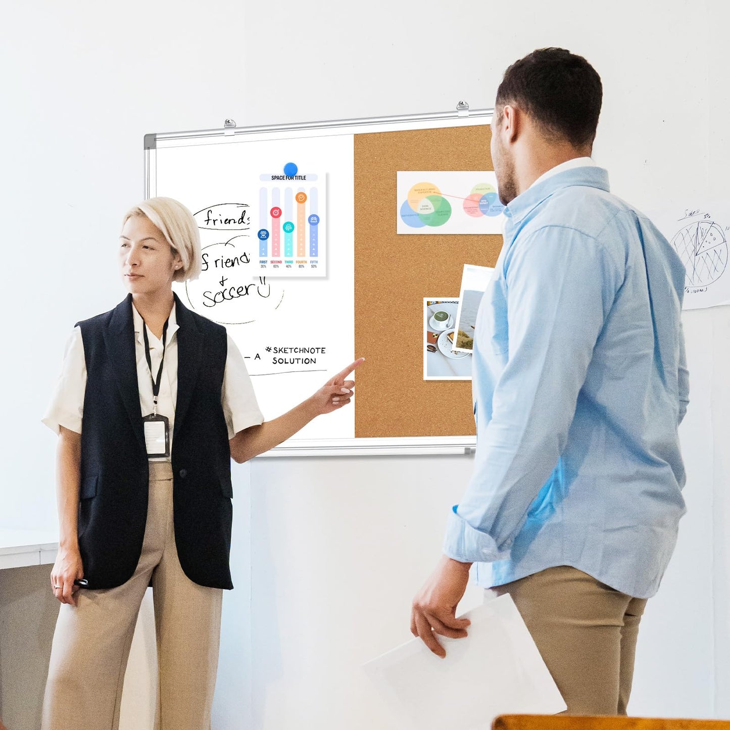 AMUSIGHT Double-Sided Combination Magnetic White Board & Cork Board, 36" x 24" Dry Erase Board & Cork Board Combo for Wall, Hanging Whiteboard for Planning, Kitchen, Memo, School, Home, Office