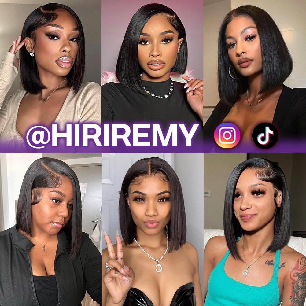 HIRIREMY Short Straight Bob Wigs for Black Women Human Hair 13x4 HD Lace Front Bob Wigs Human Hair Pre Plucked Natural Hairline Glueless 180% Density 180 12 Inch