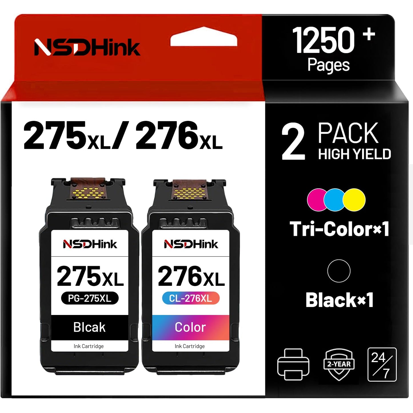 NSDHInk 275XL 276XL Ink Cartridges High Yield Replacement for Canon Ink PG-275 XL CL-276 XL Work for Canon Pixma TR4720 TS3720 TS3500 TS3522 TS3520 TS3700 TS3722 TR4700 TR4722 TR4723 TR4725 Ink, 2Pack
