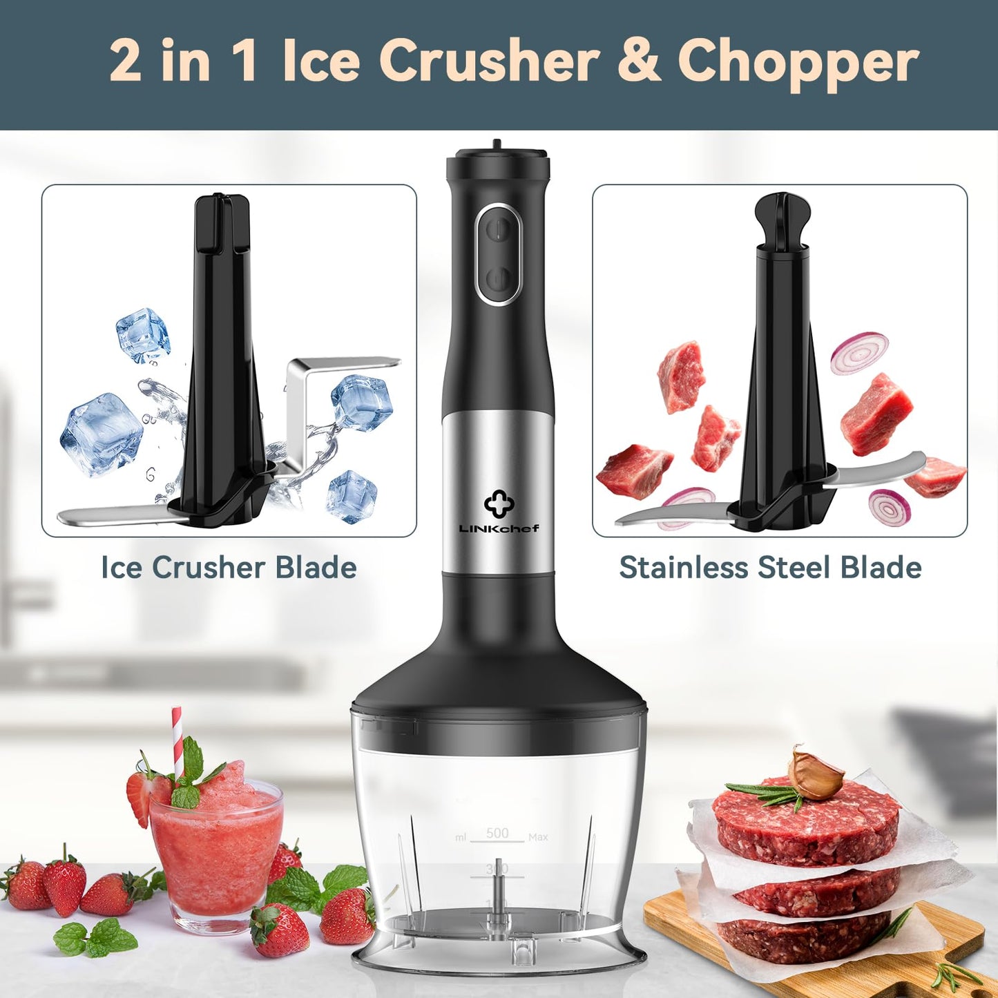 LINKChef 7 in 1 Immersion Blender Handheld, 800W Hand Blender with 2 Titanium Steel Blades, 20 Speed and Turbo Mode, Scratch Resistant Stick Blender with Whisk, Milk Frother, Food Processor, Beaker