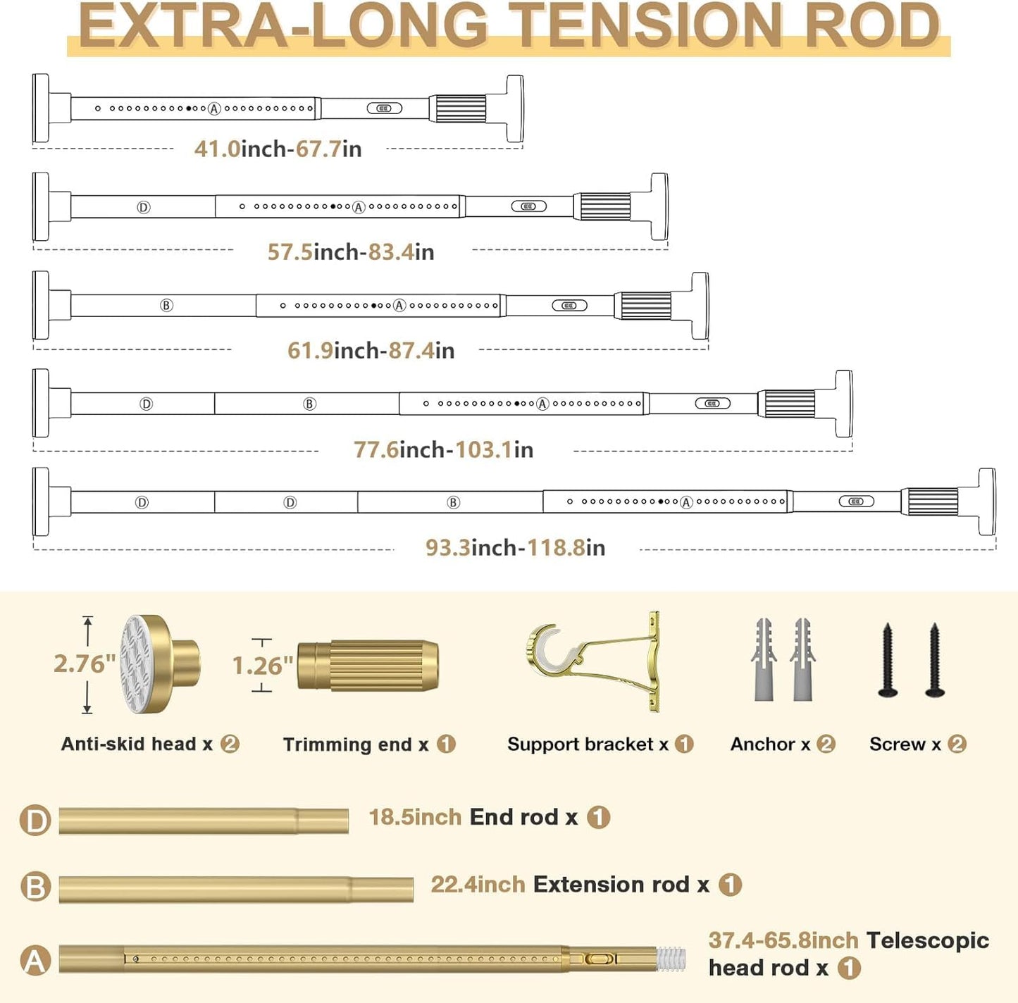 ZipGlo Heavy Duty Tension Curtain Rod 41-103 Inch (4-8 Ft), 26LB No-Drill Renter Friendly & Damage-Free, Adjustable Rod for Shower, Bathroom, Window, Patio Outdoor Curtains, 1.26-In Diameter, Gold