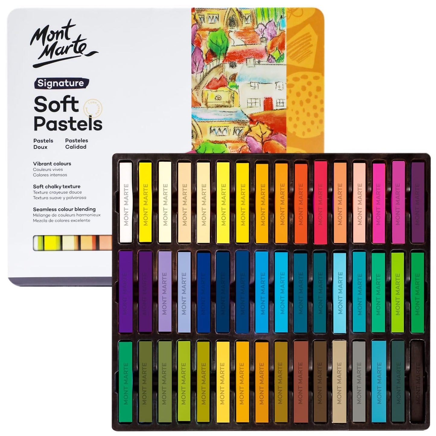 Mont Marte Soft Pastels in Tin Box Signature 48pc, 48 Assorted Colours, Vibrant Pastel Sticks, Great Blending, Comes in Storage Case, Ideal For Art, Craft, Colouring and Sketching