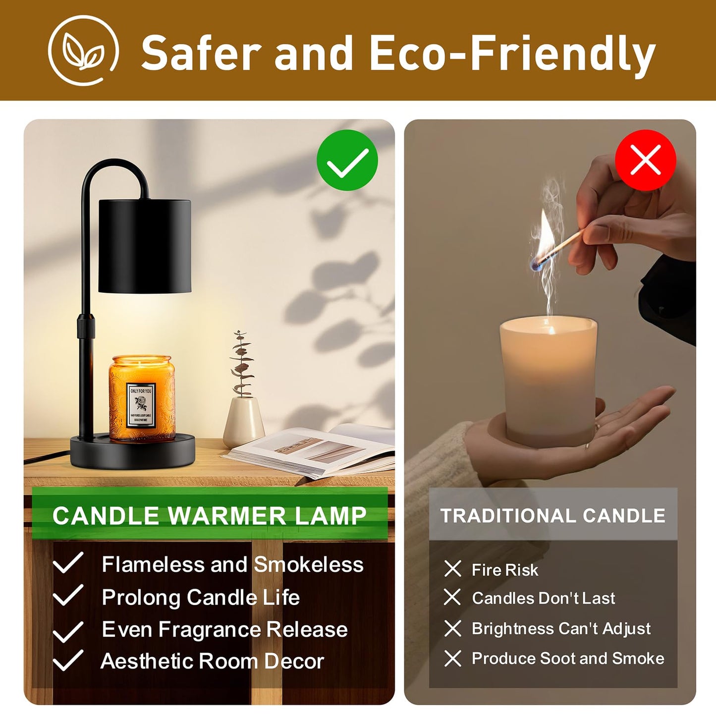 Briever Candle Warmer Lamp with Timer and Dimmer, Electric Candle Lamp Warmer for Jar Candles, Adjustable Height Candle Wax Warmer with 2 Bulbs & Wooden Base, Gifts for Women Home Decor, Black