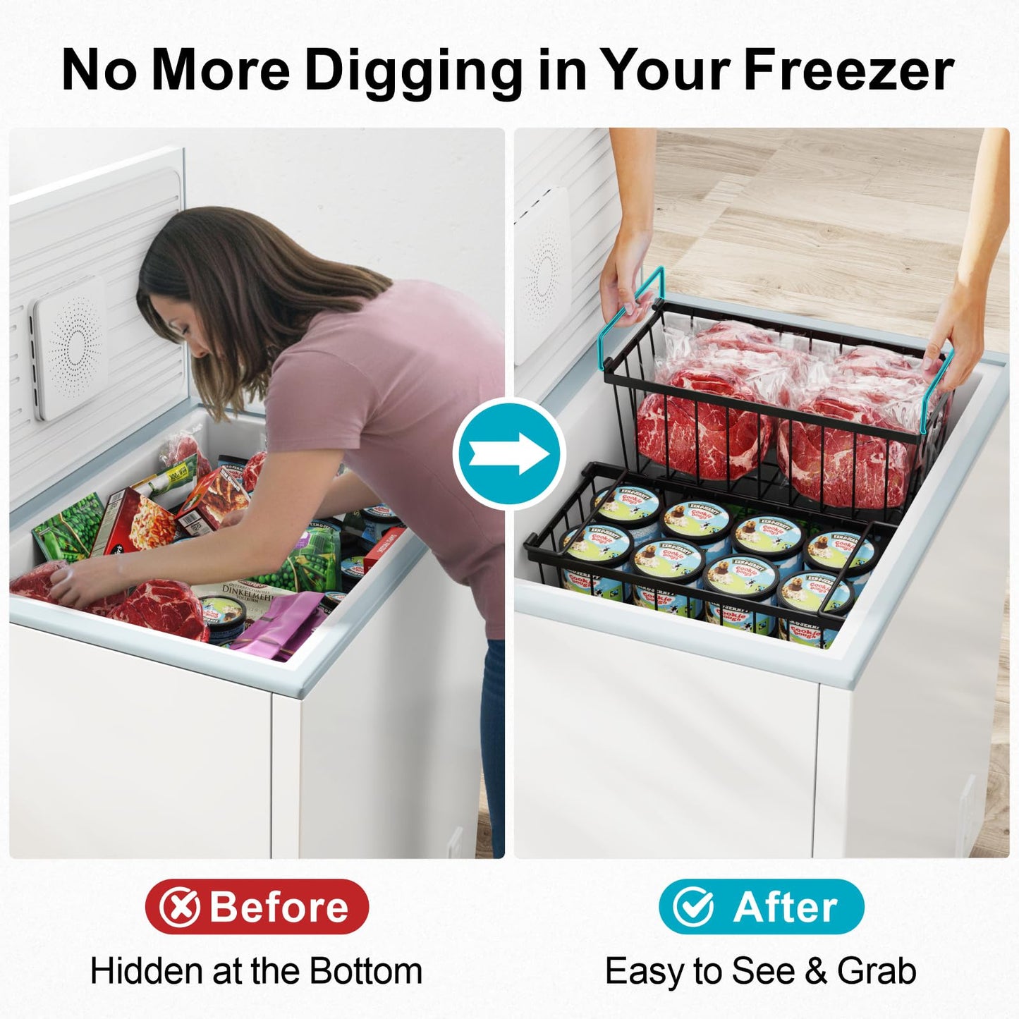 iSPECLE Freezer Organizer Bins - 4 Pack Stackable Wire Baskets for 5 to 7 Cu.Ft Deep Freezer, Sort Frozen Foods Chest Freezer Organizer with Handles Easily Get Food and Add Storage Space, Black